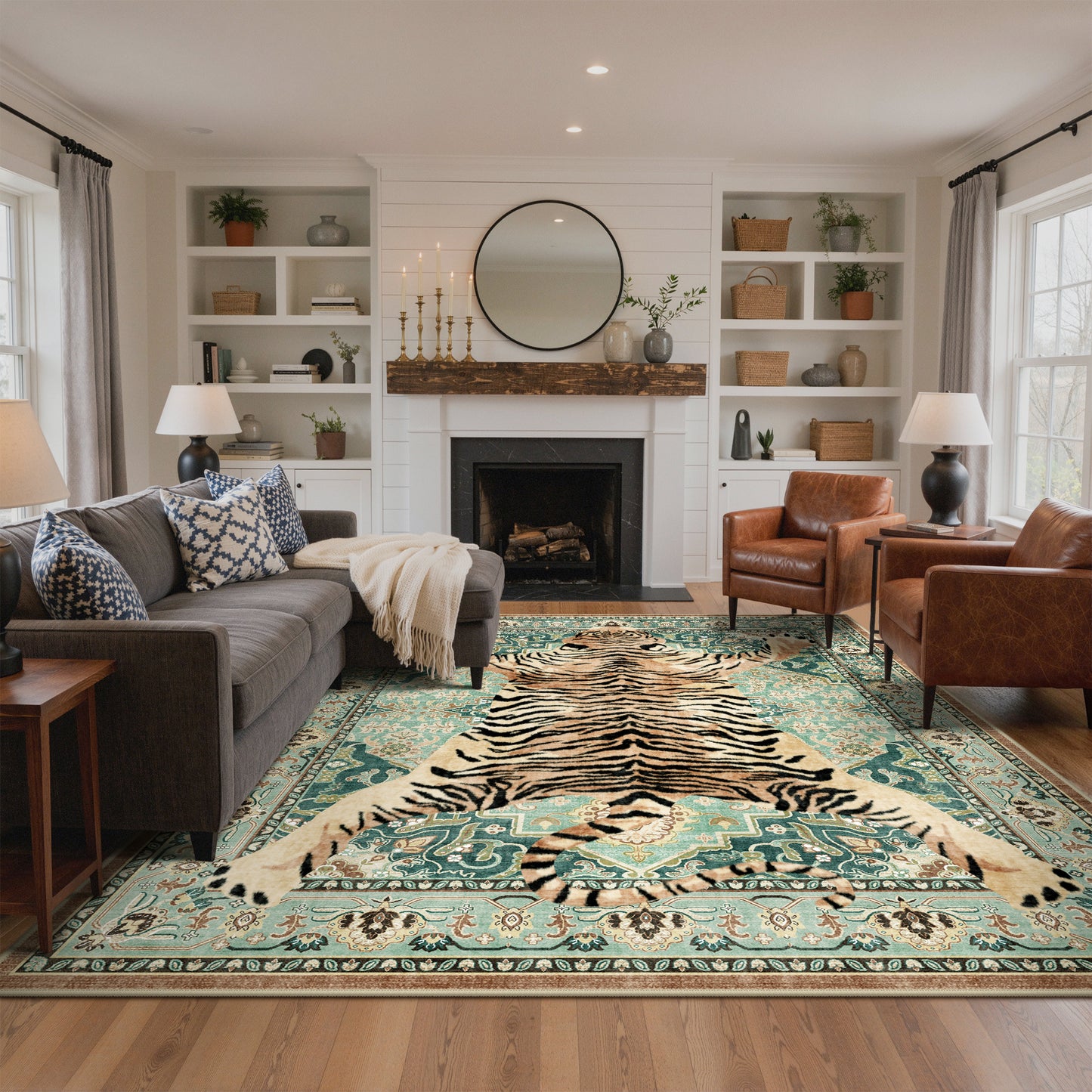 KUETH 5'x7' Tiger Area Rugs for Living Room, Non Slip Machine Washable Vintage Boho Rug, Low Pile Print Rug for Bedroom Dining Room Home Office