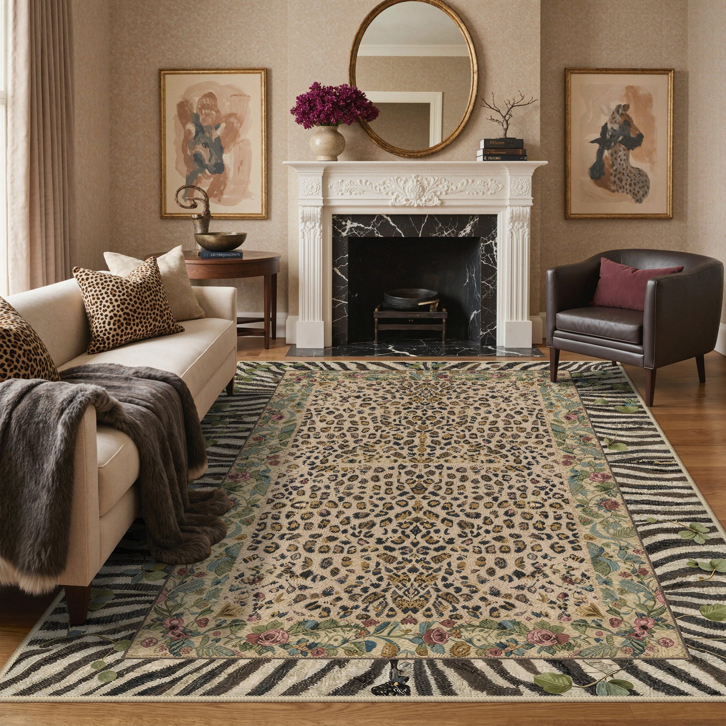KUETH 8x10 Area Rugs for Living Room Non Slip Low Pile Lightweight Print Pattern, Machine Washable Indoor Rug for Bedroom Home Decor, Leopard Floral, Dusty Camel