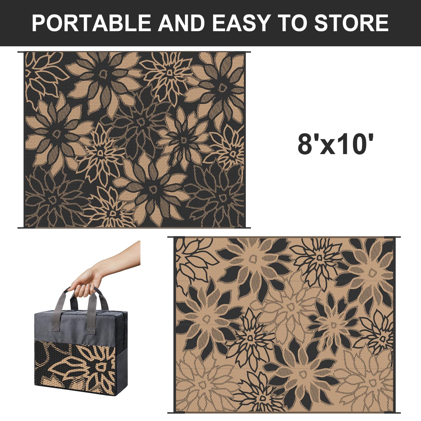 KUETH 8'x10' Outdoor Rug Waterproof Plastic Reversible Floral Patio Camping Outside Carpet,Black Brown