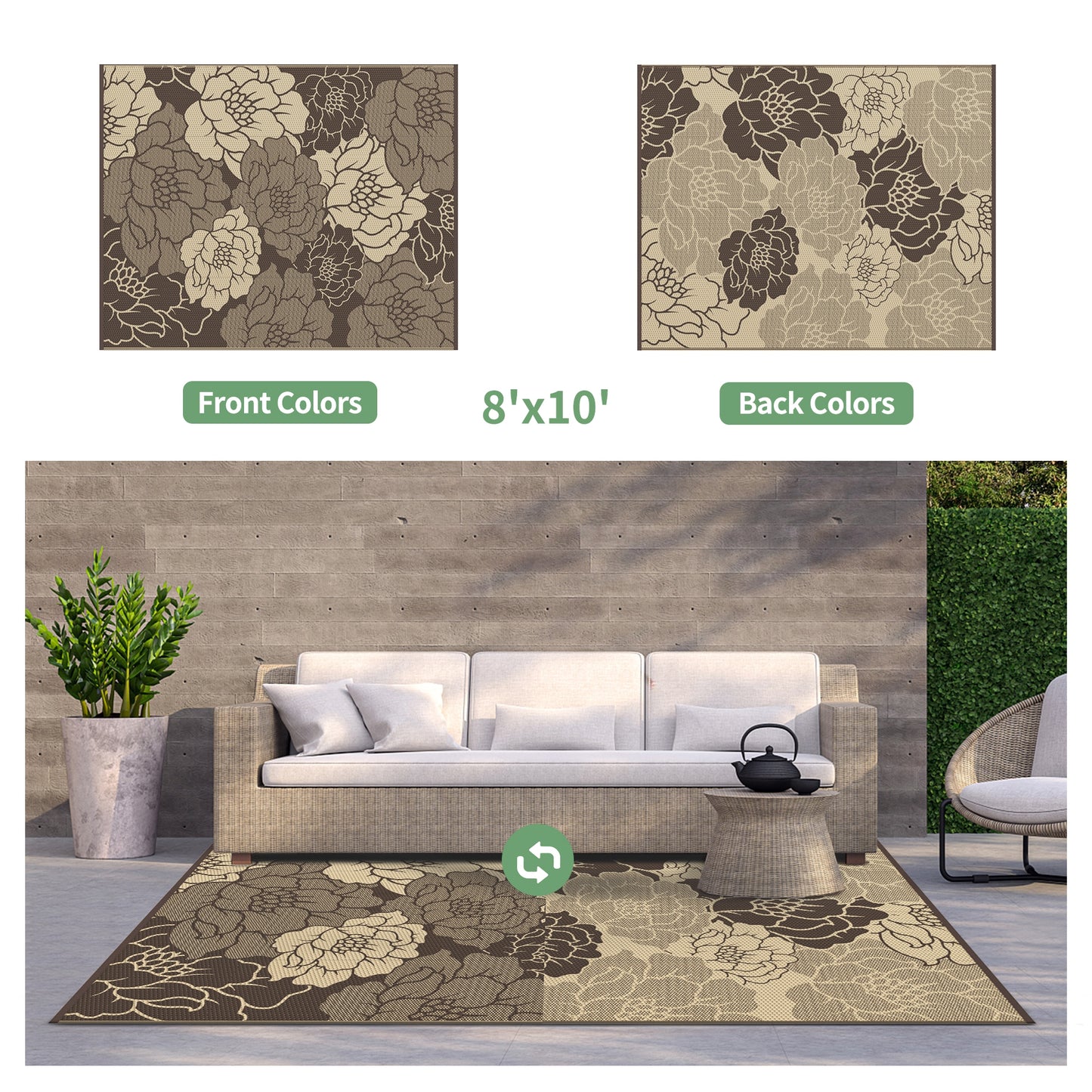 KUETH 8'x 10' Outdoor Rug Plastic Waterproof Outside Foldable Flower Mat UV Resistant Patio RV Deck Carpet,COFFEE BEIGE