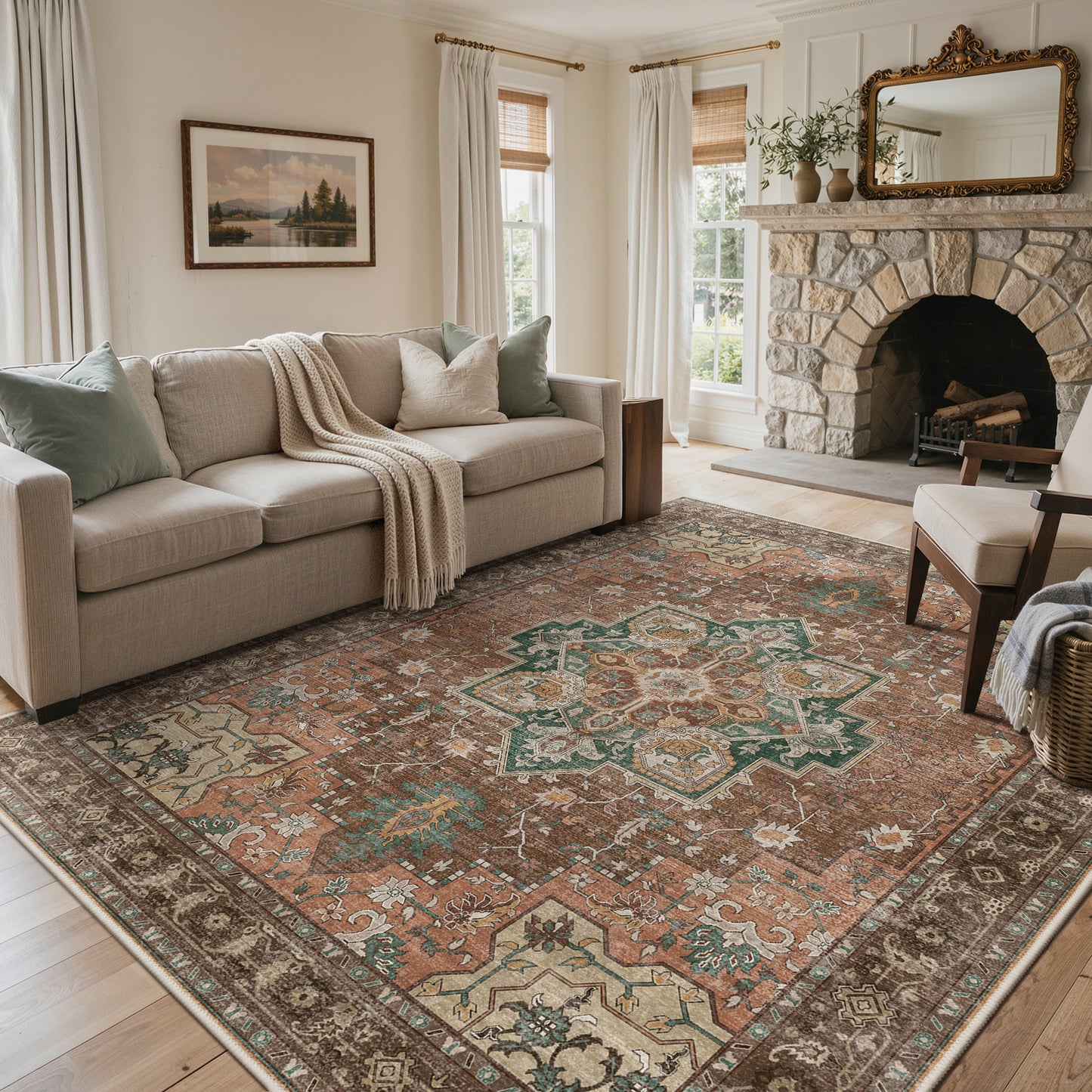 KUETH Modern 8x10 Area Rugs for Living Room, Non Slip Machine Washable Retro Rugs, Low Pile Chenille Print Rug for Bedroom, Dining Room, Home Office