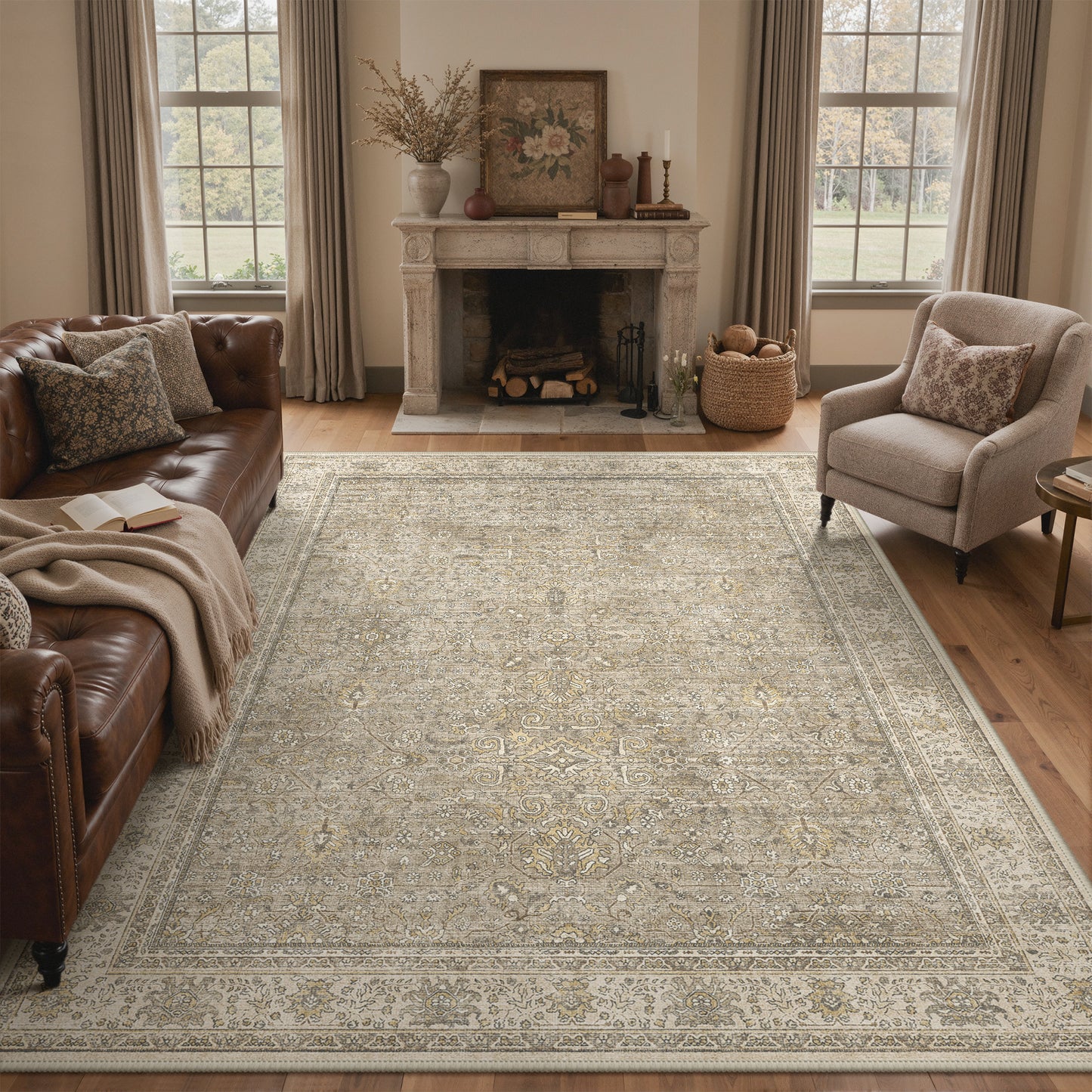 KUETH 8X10 Vintage Area Rugs Machine Washable Rugs for Living Room, Non Slip Flat Pile Rug with Rubber Backing, Persian Rug for Entryway Bedroom Dining Room Home Office