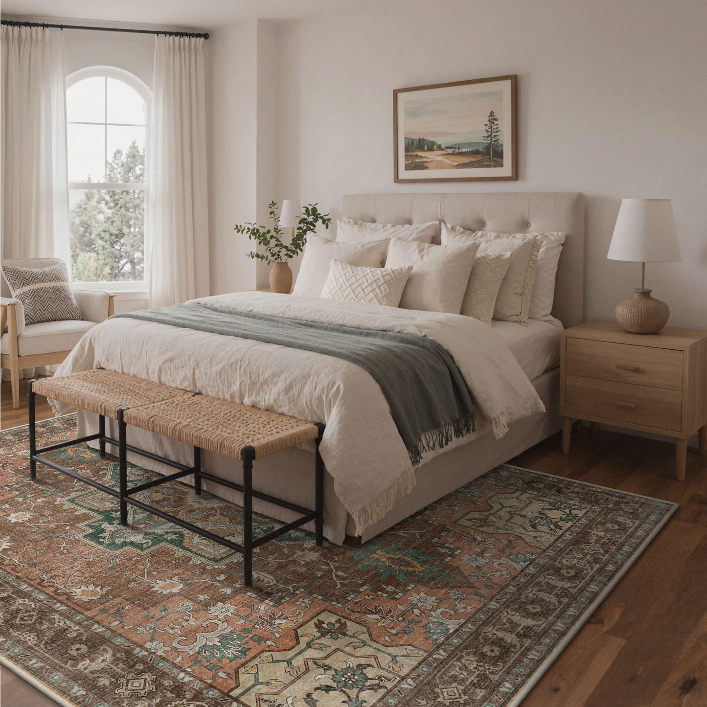 KUETH Modern 8x10 Area Rugs for Living Room, Non Slip Machine Washable Retro Rugs, Low Pile Chenille Print Rug for Bedroom, Dining Room, Home Office