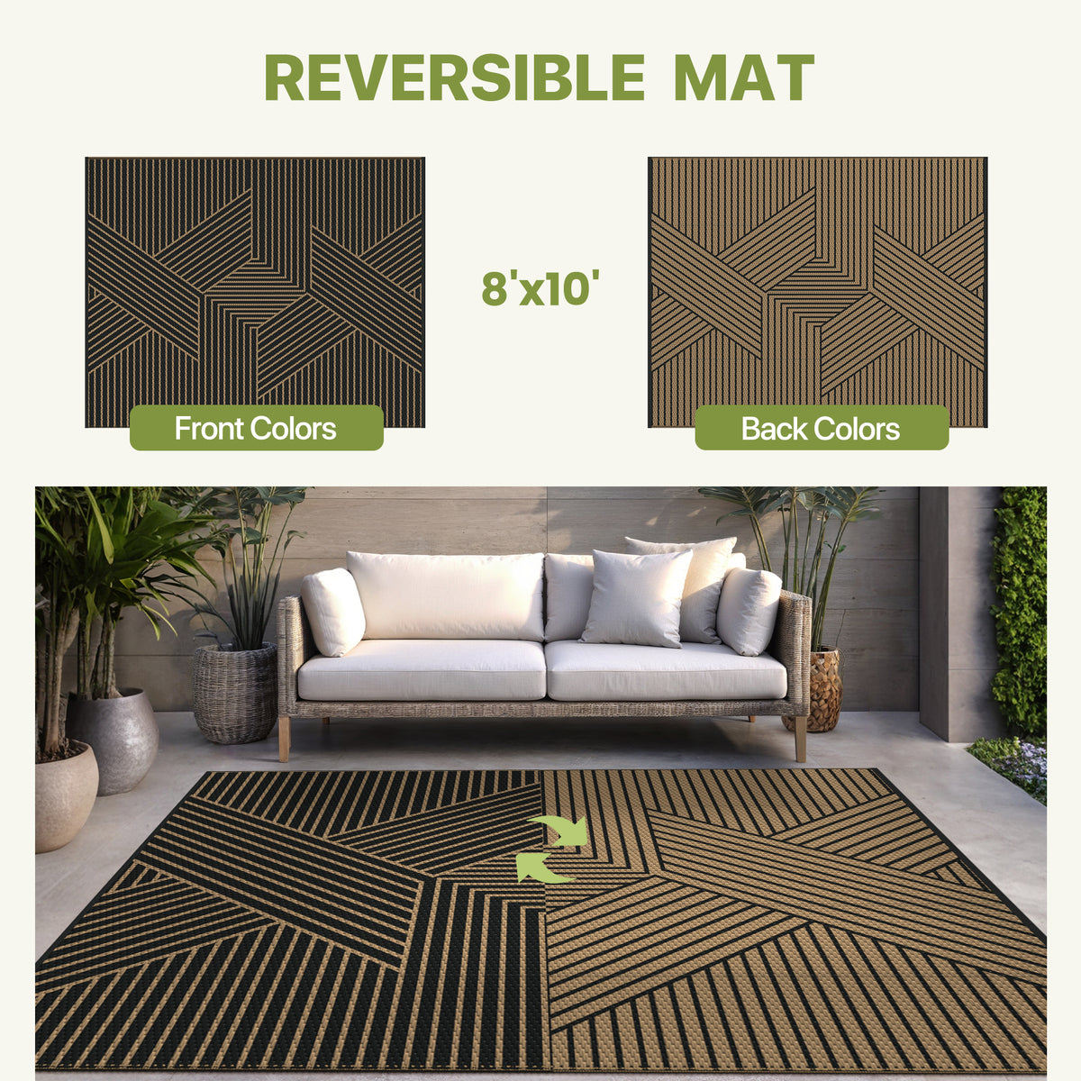 KUETH 8'x 10' Outdoor Rug Plastic Foldable Waterproof Outside Carpet UV Resistant Geometric Patio RV Deck Mat,Black Brown