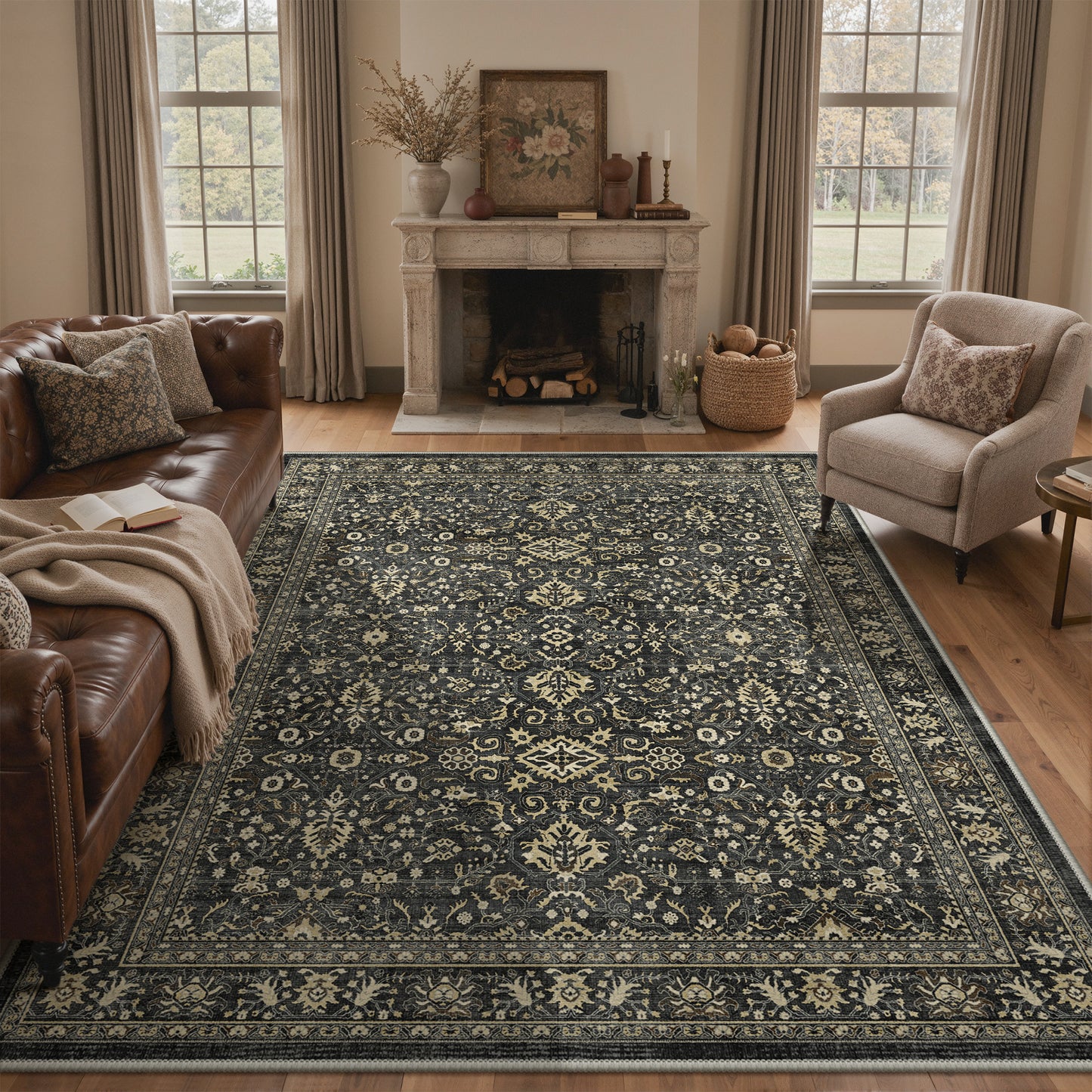 KUETH Modern 8x10 Area Rugs for Living Room, Non Slip Machine Washable Retro Rugs, Low Pile Chenille Print Rug for Bedroom, Dining Room, Home Office