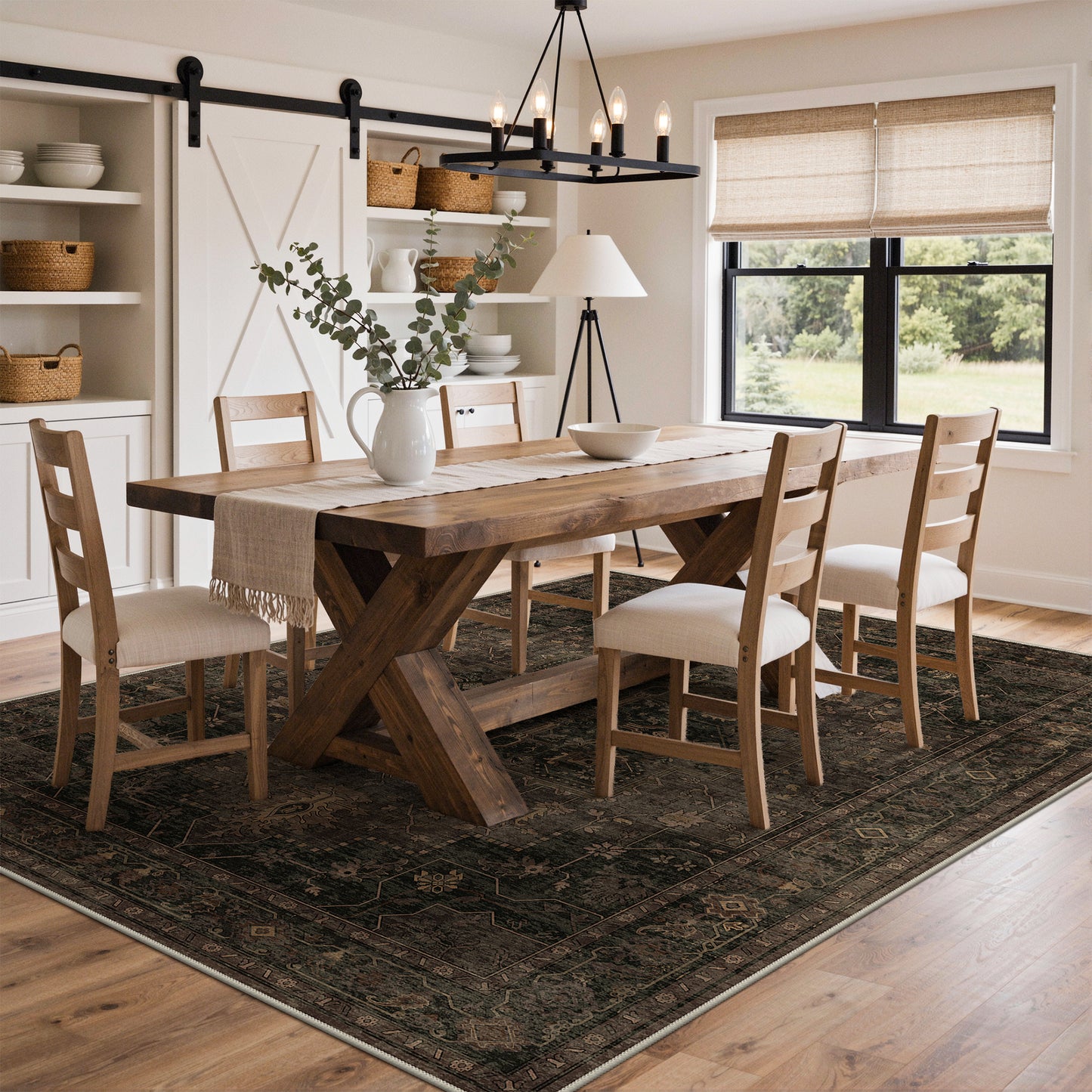 KUETH Modern 8x10 Area Rugs for Living Room, Non Slip Machine Washable Retro Rugs, Low Pile Chenille Print Rug for Bedroom, Dining Room, Home Office, Charcoal Brown
