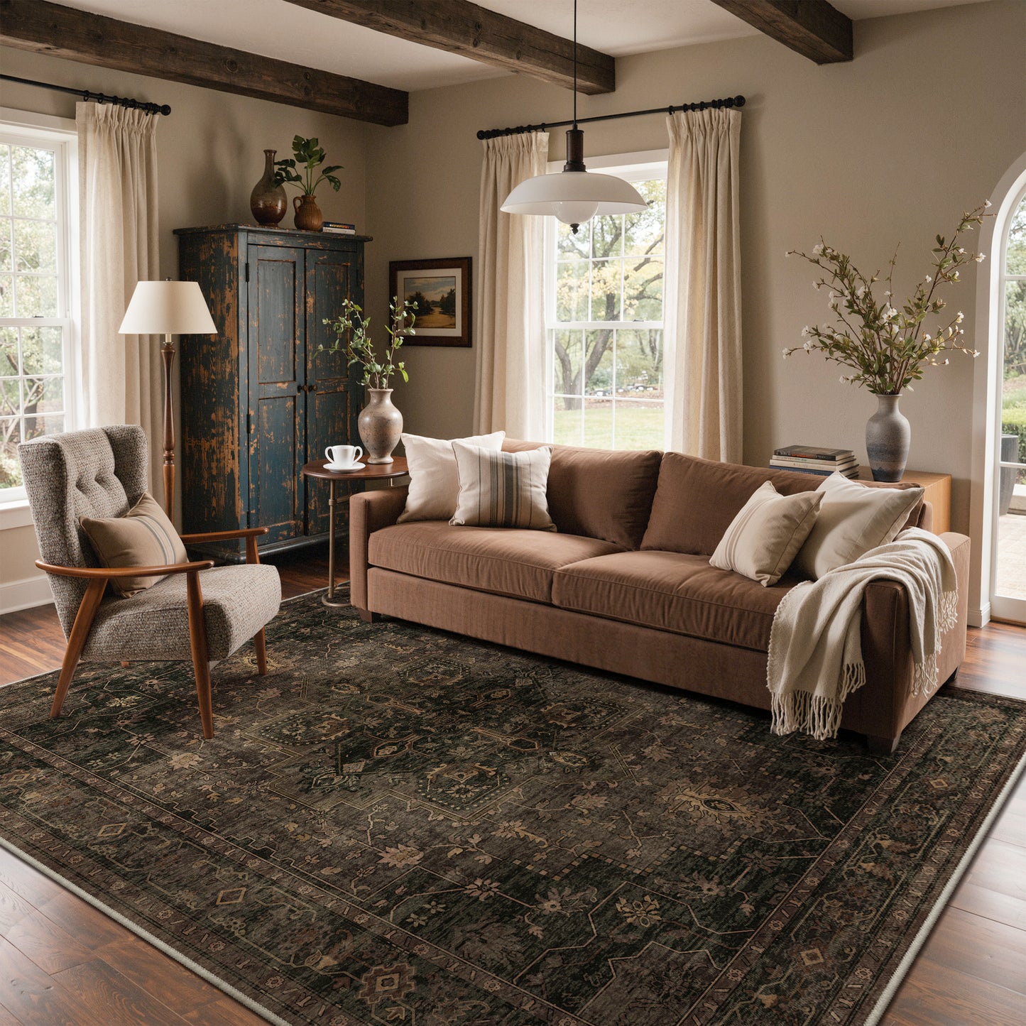 KUETH Modern 8x10 Area Rugs for Living Room, Non Slip Machine Washable Retro Rugs, Low Pile Chenille Print Rug for Bedroom, Dining Room, Home Office, Charcoal Brown
