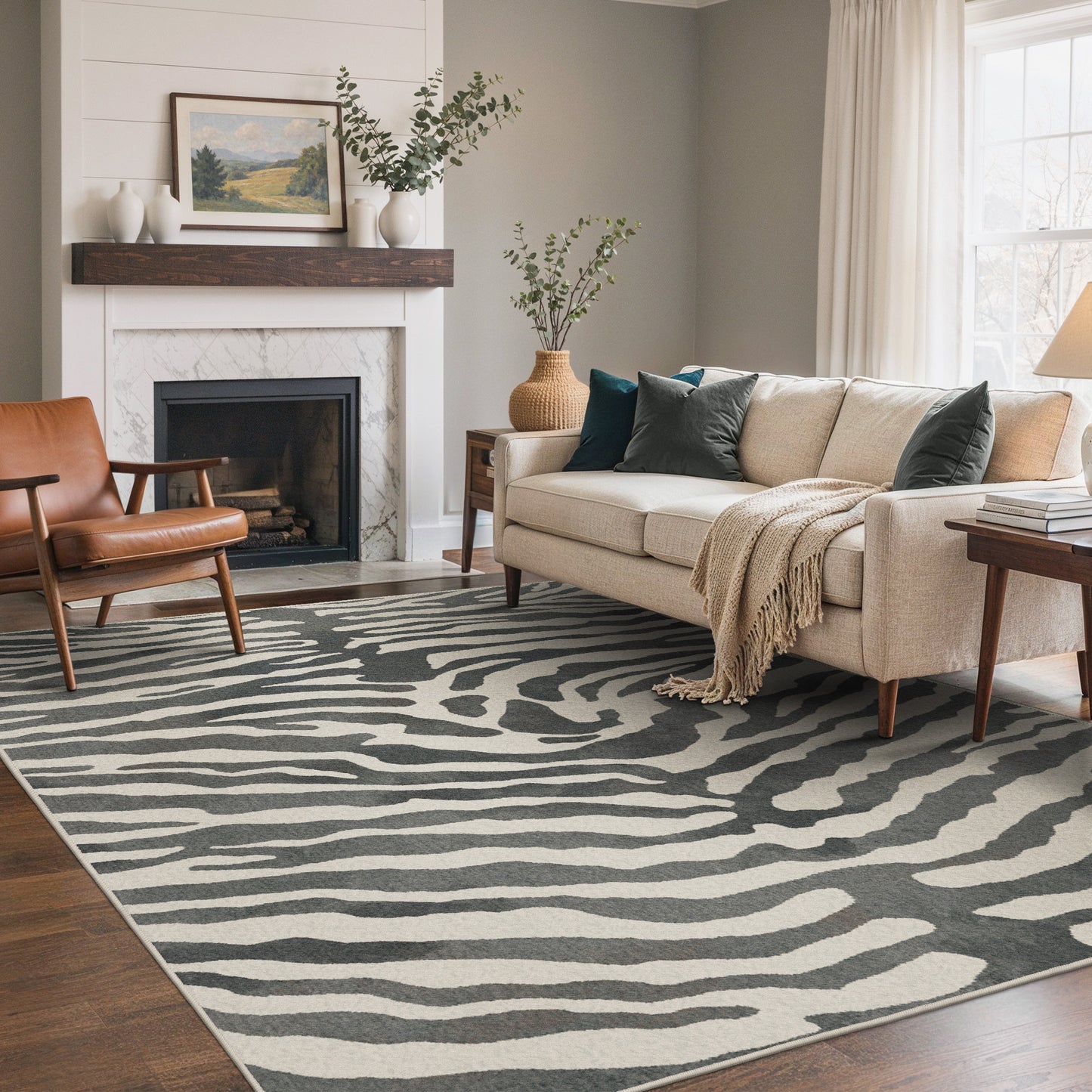 KUETH 5x7 Zebra Area Rugs Machine Washable Rugs for Living Room, Non Slip Flat Pile Rug with Rubber Backing, Modern Rug for Entryway Bedroom Dining Room Home Office