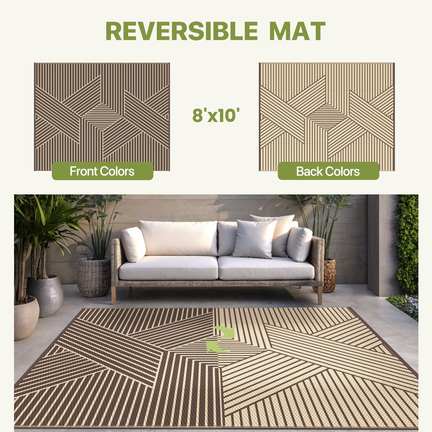 KUETH 8'x 10' Outdoor Rug Plastic Foldable Waterproof Outside Carpet UV Resistant Geometric Patio RV Deck Mat,COFFEE BEIGE