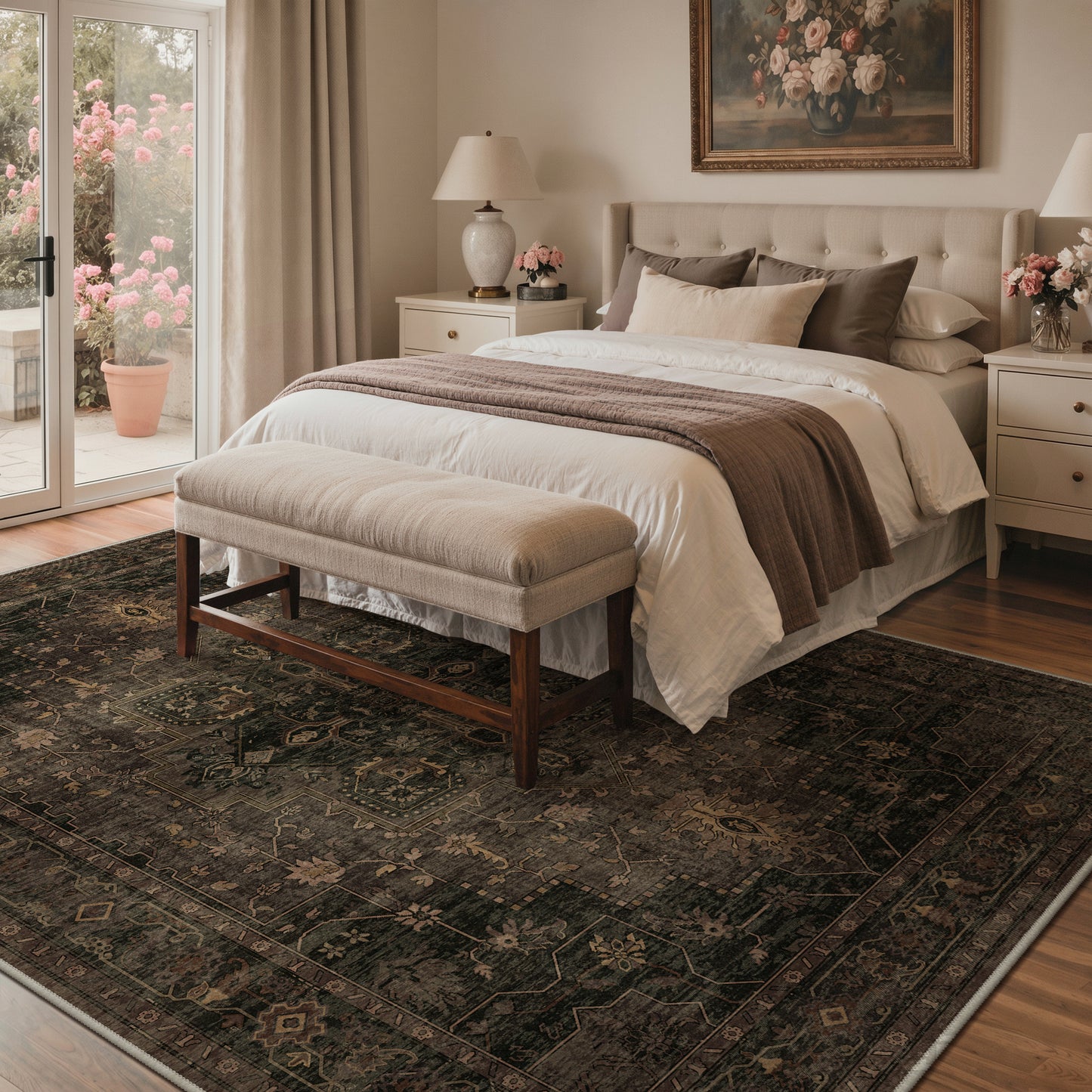KUETH Modern 8x10 Area Rugs for Living Room, Non Slip Machine Washable Retro Rugs, Low Pile Chenille Print Rug for Bedroom, Dining Room, Home Office, Charcoal Brown