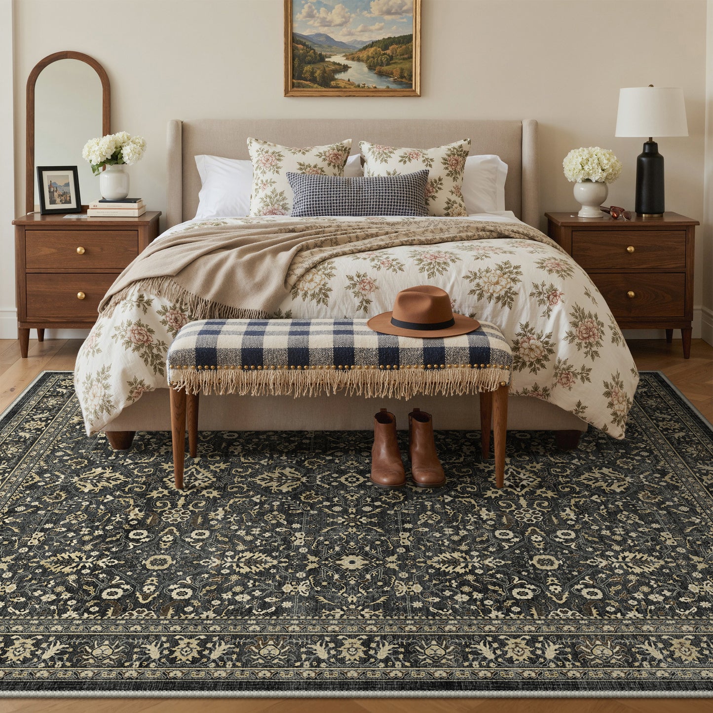 KUETH Modern 8x10 Area Rugs for Living Room, Non Slip Machine Washable Retro Rugs, Low Pile Chenille Print Rug for Bedroom, Dining Room, Home Office