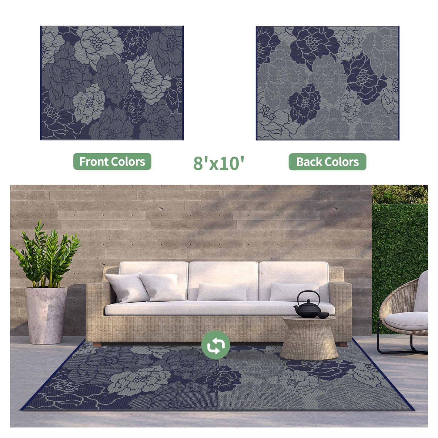 KUETH 8'x 10' Outdoor Rug Plastic Waterproof Outside Foldable Flower Mat UV Resistant Patio RV Deck Carpet,BLUE GREY