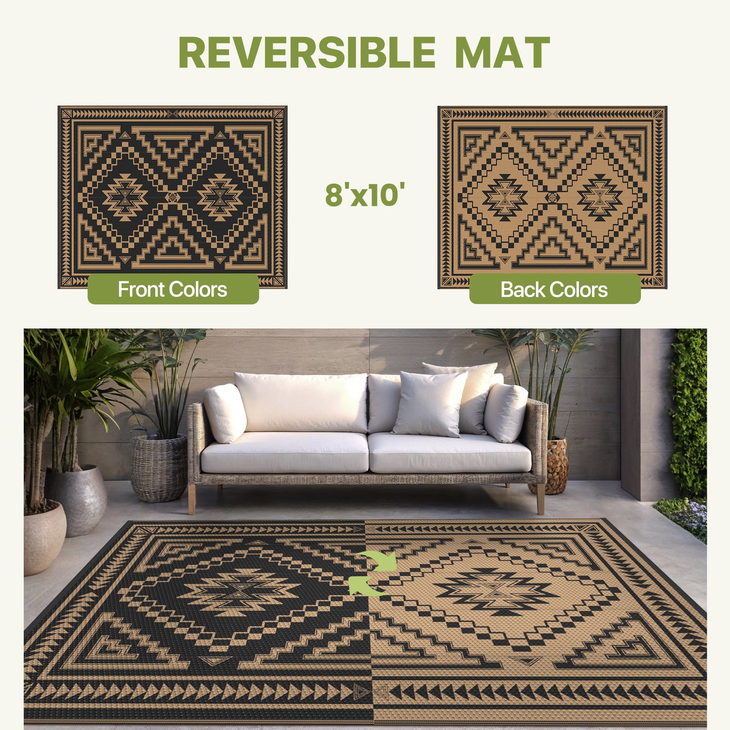KUETH 8' x 10' Outdoor Rug Waterproof for Patio Carpet Plastic Reversible Straw Outdoor Rug for Camping Picnic Geometric Mat ,Black & Brown