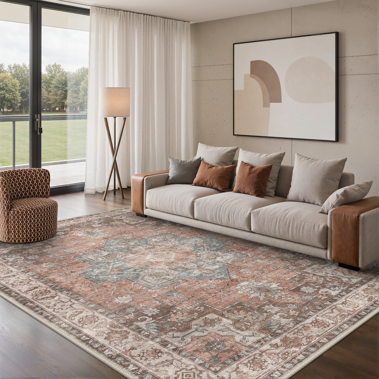 KUETH 8X10 Vintage Area Rugs Machine Washable Rugs for Living Room, Non Slip Flat Pile Rug with Rubber Backing, Persian Rug for Entryway Bedroom Dining Room Home Office