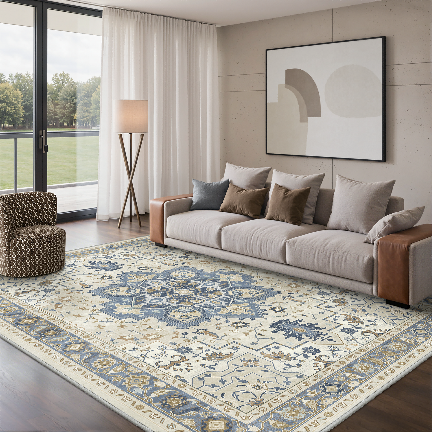 KUETH Modern 8x10 Area Rugs for Living Room, Non Slip Machine Washable Retro Rugs, Low Pile Chenille Print Rug for Bedroom, Dining Room, Home Office, Charcoal Brown