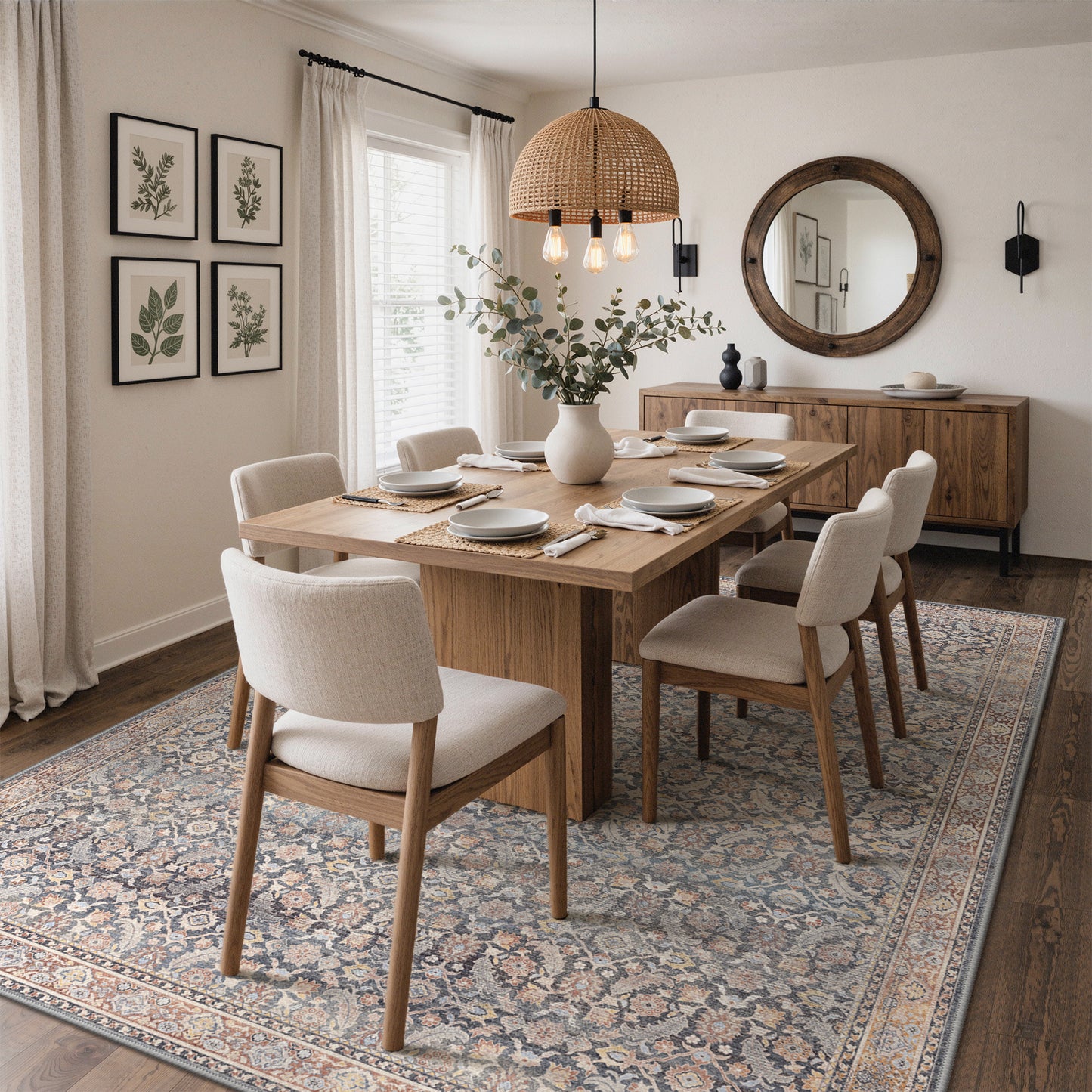 KUETH Modern 5x7 Area Rugs for Living Room, Non Slip Machine Washable Retro Rugs, Low Pile Chenille Print Rug for Bedroom, Dining Room, Home Office