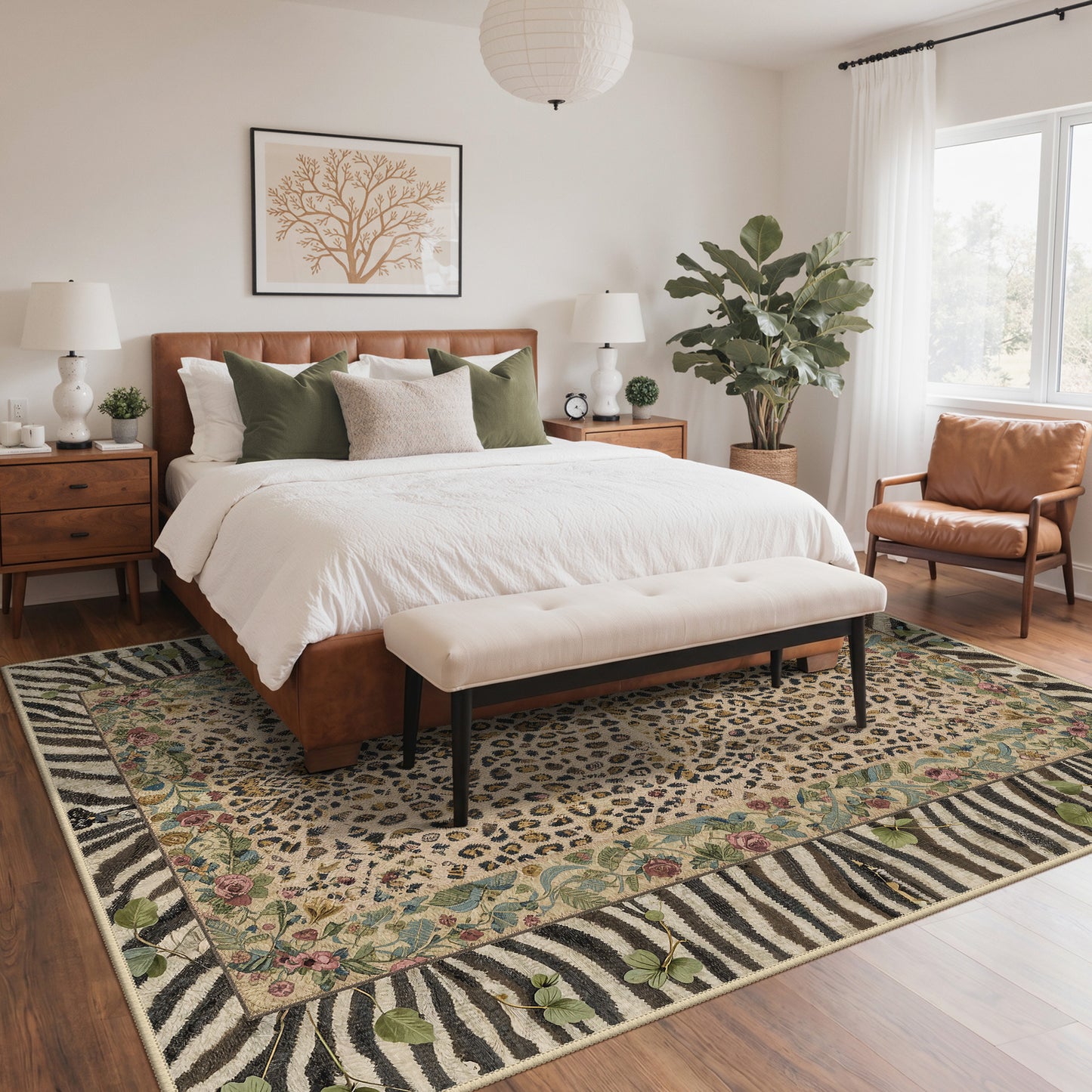 KUETH 8x10 Area Rugs for Living Room Non Slip Low Pile Lightweight Print Pattern, Machine Washable Indoor Rug for Bedroom Home Decor, Leopard Floral, Dusty Camel