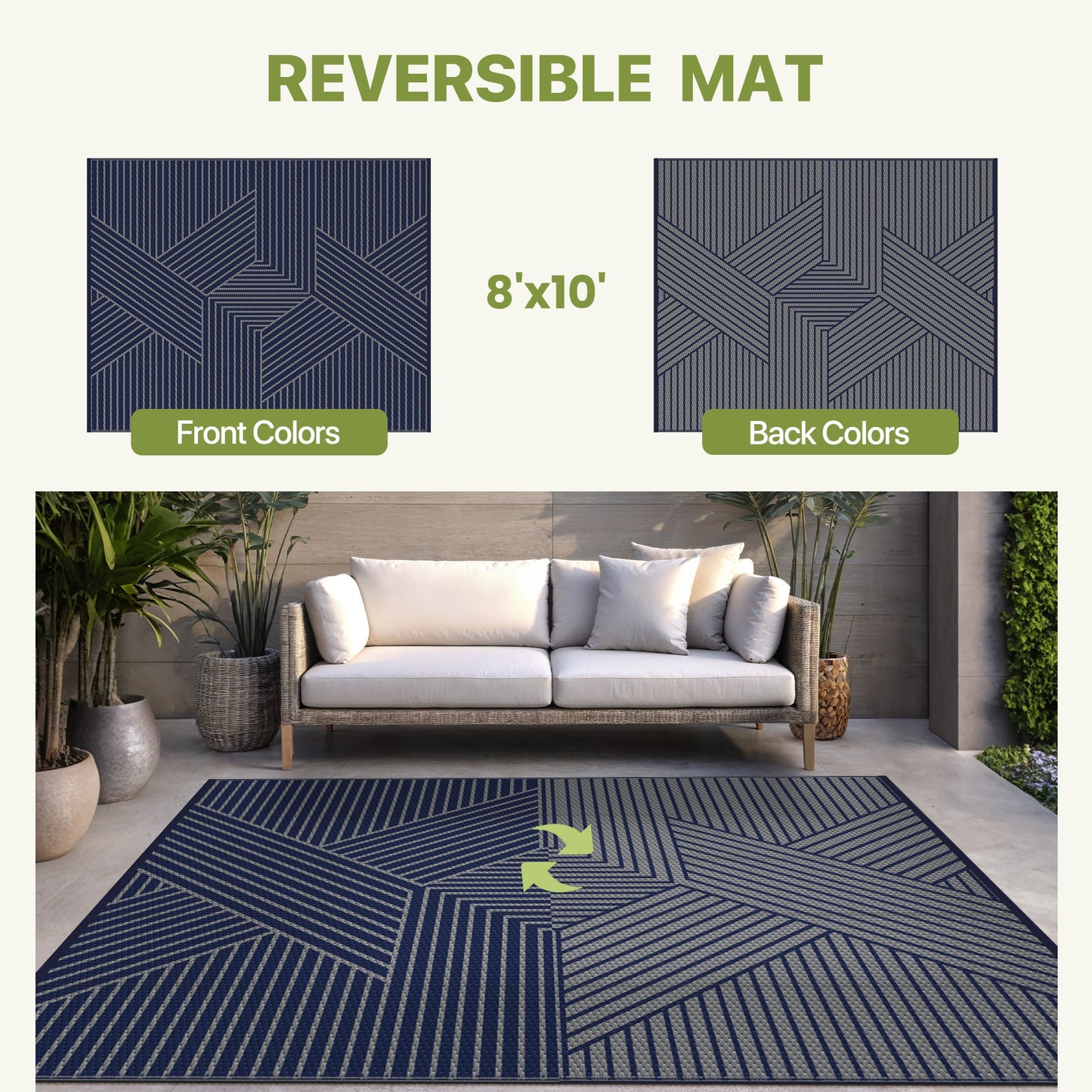 KUETH 8'x 10' Outdoor Rug Plastic Foldable Waterproof Outside Carpet UV Resistant Geometric Patio RV Deck Mat,BLUE GREY
