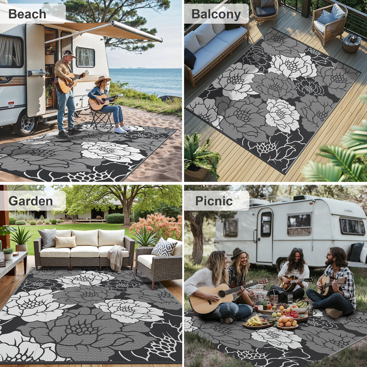 KUETH 6'x 9' Outdoor Rug Plastic Waterproof Outside Foldable Flower Mat UV Resistant Patio RV Deck Carpet,Black White