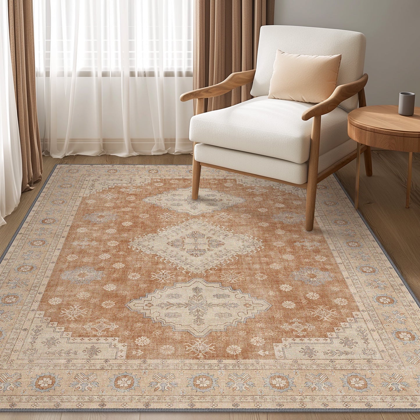 KUETH Area Rugs for Living Room 5x7 Machine Washable Bedroom Rugs Distressed Vintage Print Red and Yellow Large Throw Rug Dining Room Aesthetic, Non Slip Carpet with Gripper