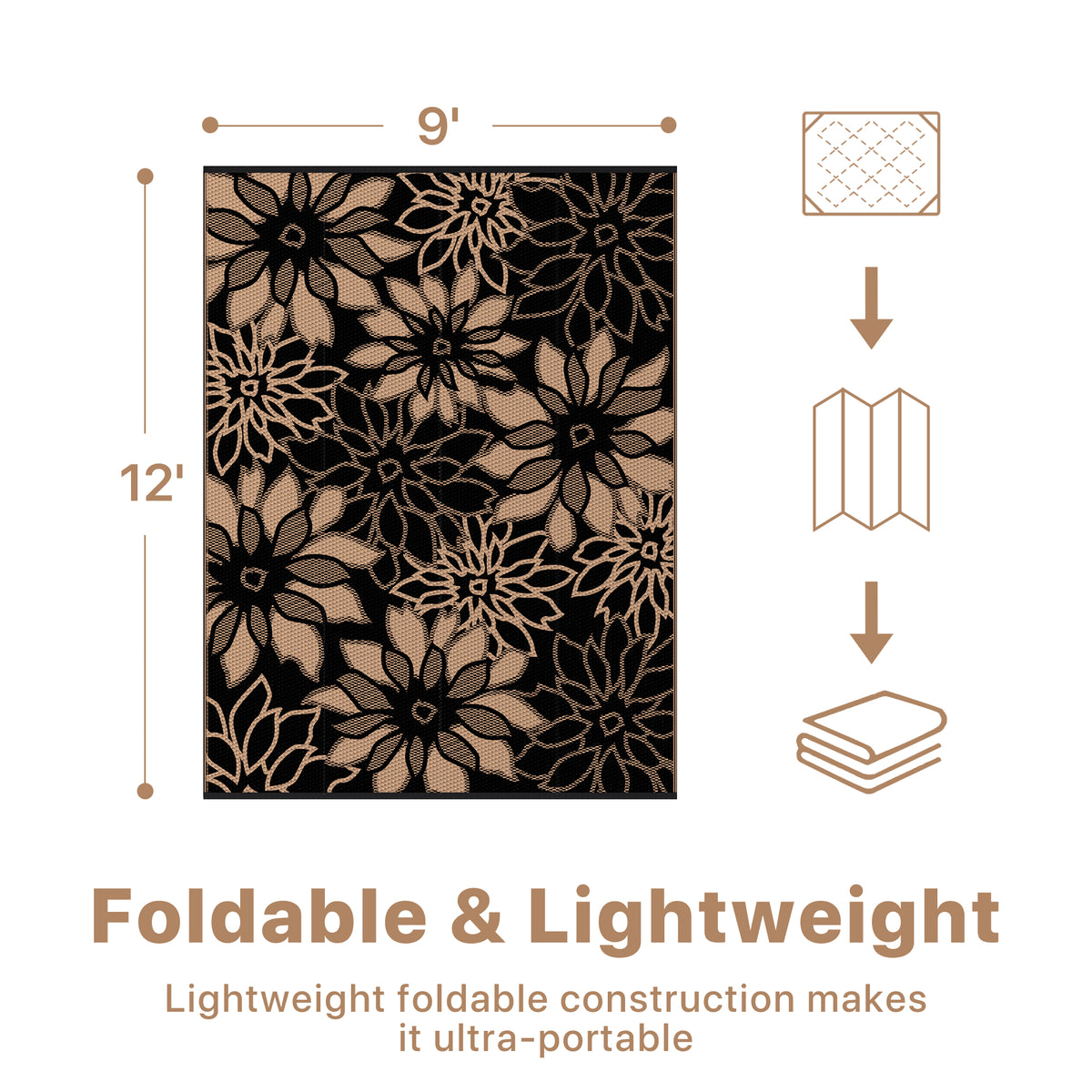 KUETH 9'x12' Outdoor Rug Waterproof Plastic Reversible Floral Patio Camping Outside Carpet,Black Brown