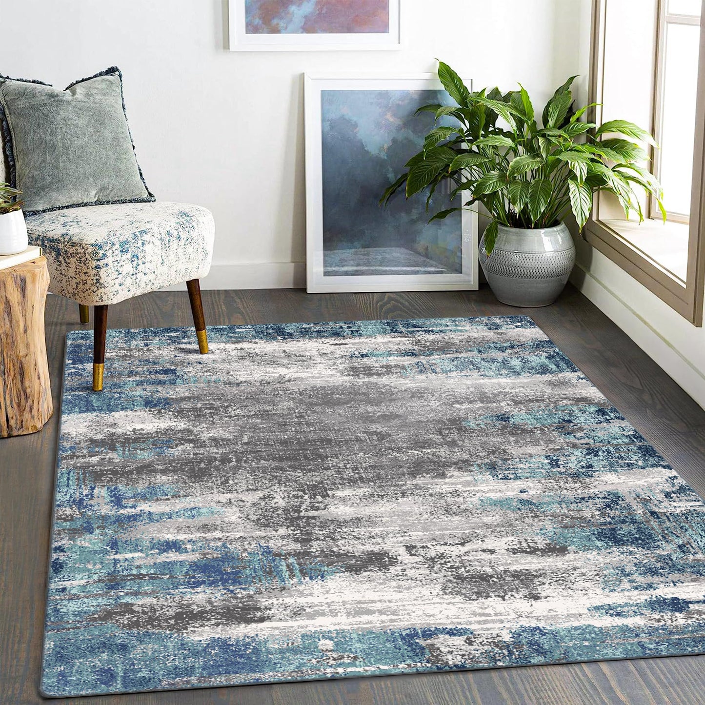 MCOW Area Rugs for Bedroom Abstract Machine Washable Vintage Rugs Distressed Modern Print Throw Rug for Living Room Aesthetic, Non Slip Carpet with Gripper