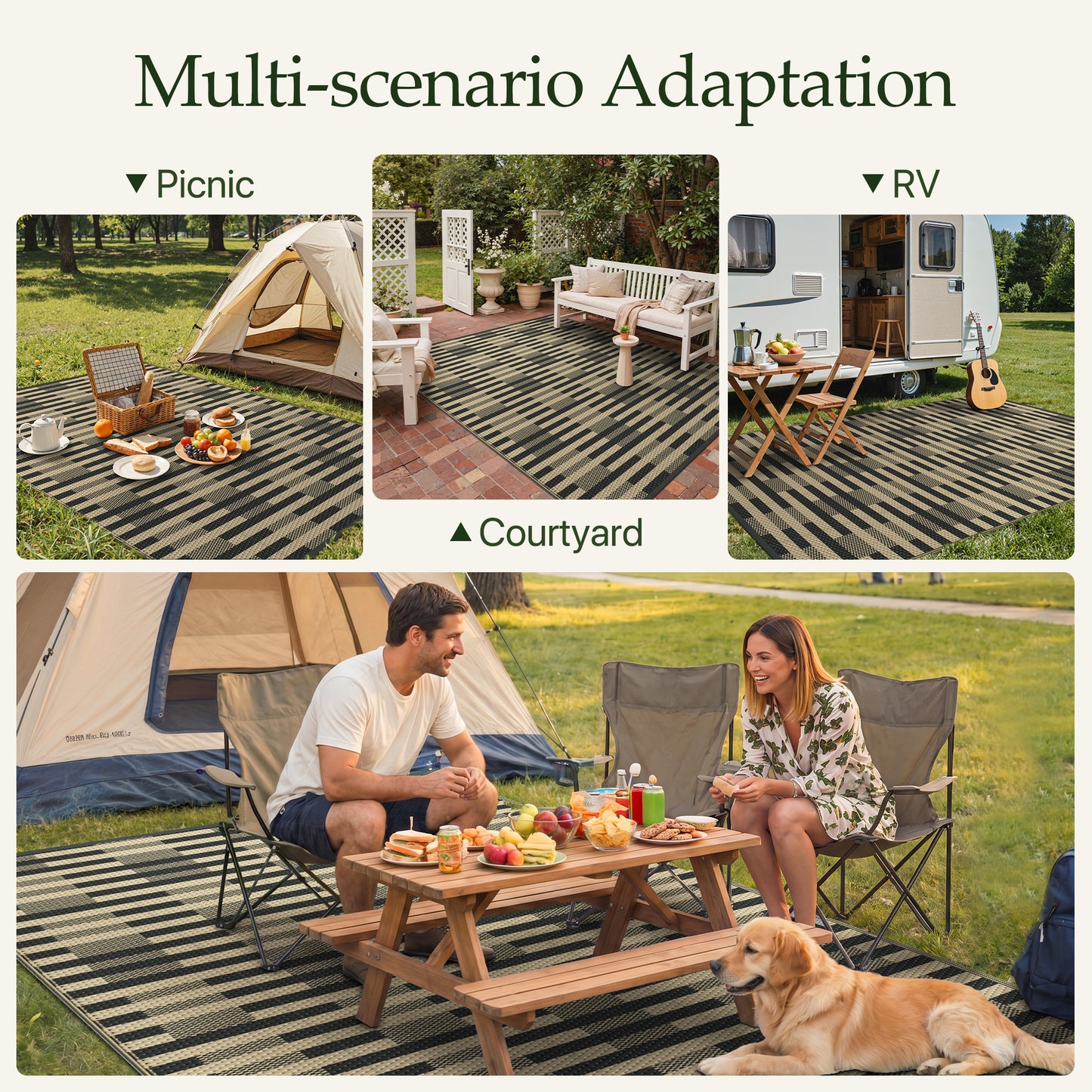 KUETH 6'x 9' Black and Beige Outdoor Plastic Rug Foldable Waterproof UV Resistant Reversible Outdoor Patio Geometric RV Deck Camping Rug