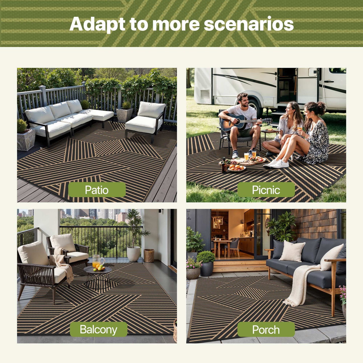 KUETH 5'x 8'Outdoor Plastic Rug Foldable Waterproof UV Resistant Outdoor Patio Geometric RV Deck Rug