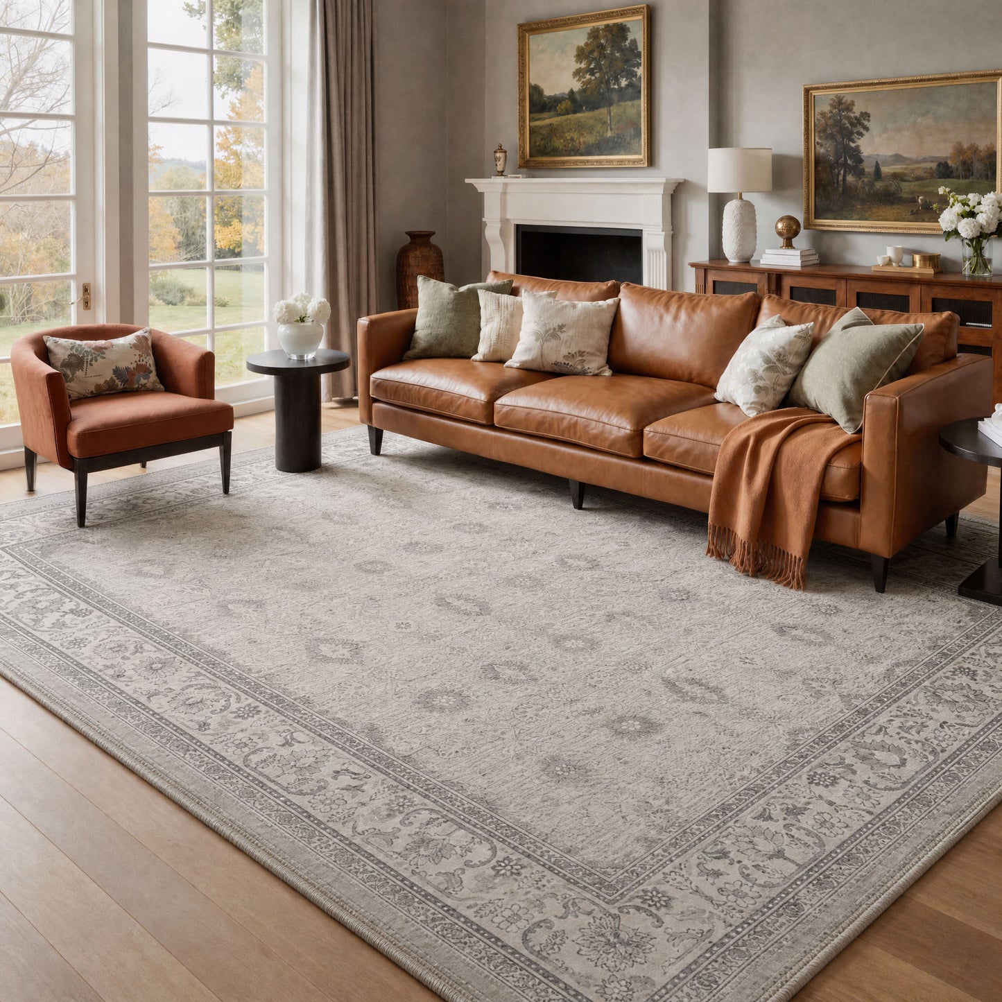 KUETH 8X10 Machine Washable Area Rug, Low Pile Non-Slip Backing Carpet for Living Room and Bedroom, Pet-Friendly Vintage Floral Medallion Rug, Gray