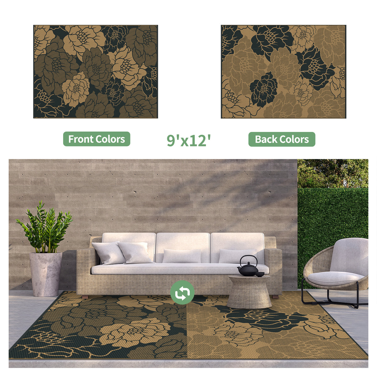 KUETH 9'x 12' Outdoor Rug Plastic Waterproof Outside Foldable Mat UV Resistant Patio RV Deck Carpet,Black Brown
