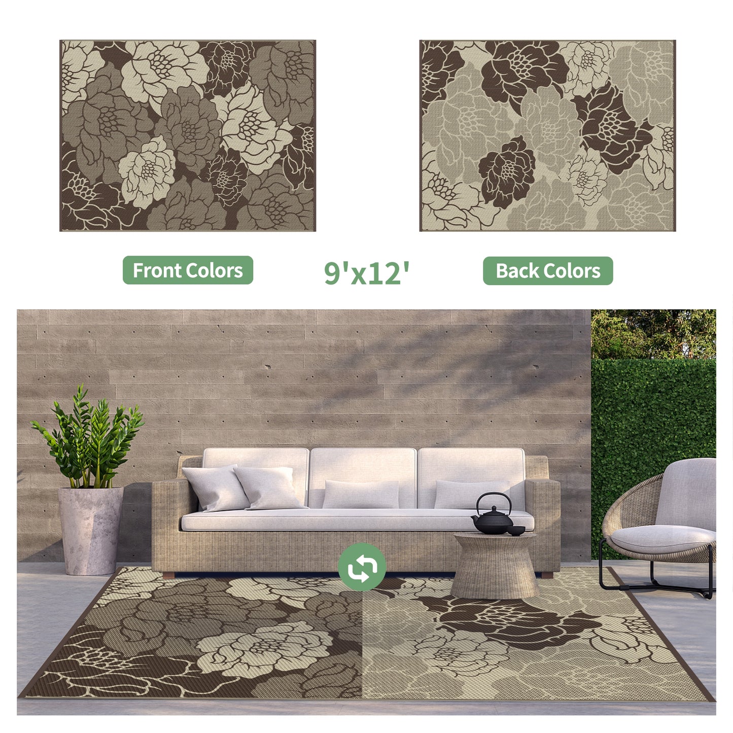 KUETH 9'x 12' Outdoor Rug Plastic Waterproof Outside Foldable Flower Mat UV Resistant Patio RV Deck Carpet,COFFEE BEIGE