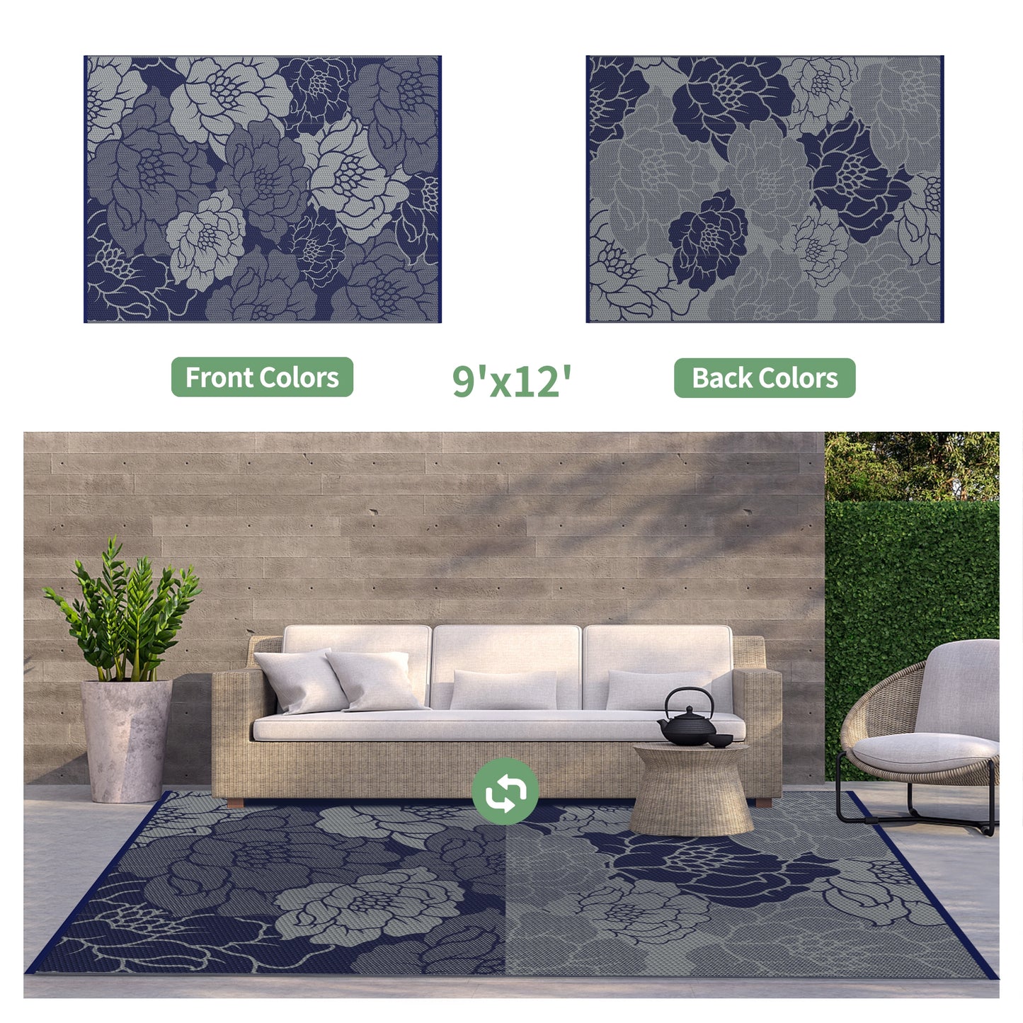 KUETH 9'x 12' Outdoor Rug Plastic Waterproof Outside Foldable Flower Mat UV Resistant Patio RV Deck Carpet,BLUE GREY