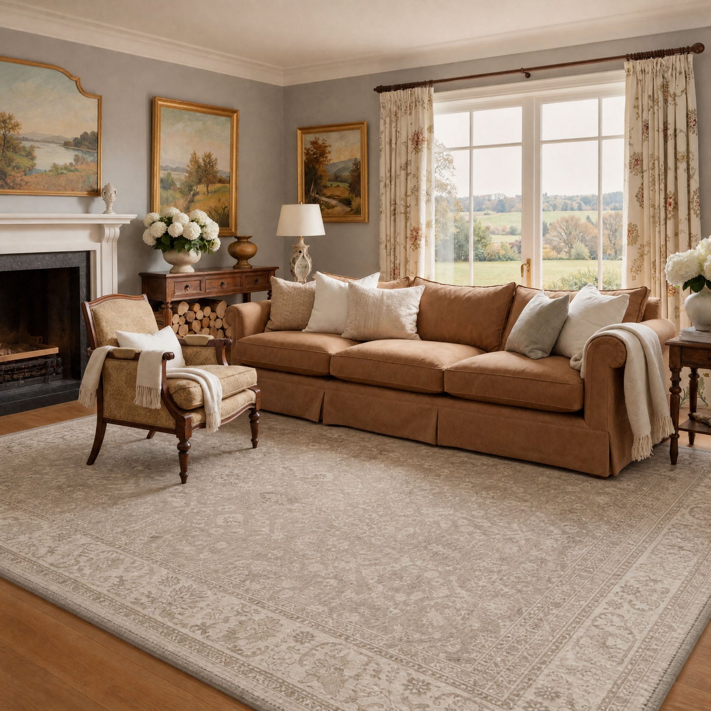 KUETH 8X10 Machine Washable Area Rug, Low Pile Non-Slip Backing Carpet for Living Room and Bedroom, Pet-Friendly Vintage Floral Medallion Rug, Beige