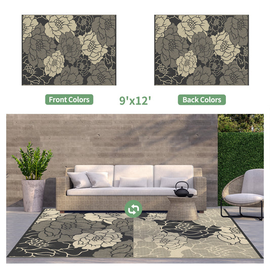 KUETH 9'x 12' Outdoor Rug Plastic Waterproof Outside Foldable Flower Mat UV Resistant Patio RV Deck Carpet,BLACK BEIGE