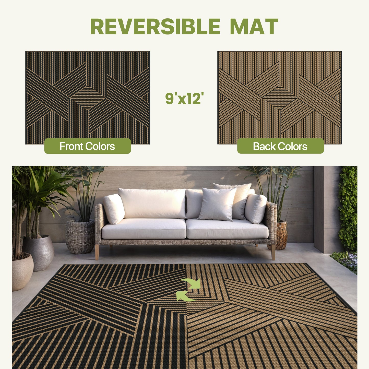 KUETH 9'x 12' Outdoor Rug Plastic Foldable Waterproof Outside Carpet UV Resistant Geometric Patio RV Deck Mat,Black Brown