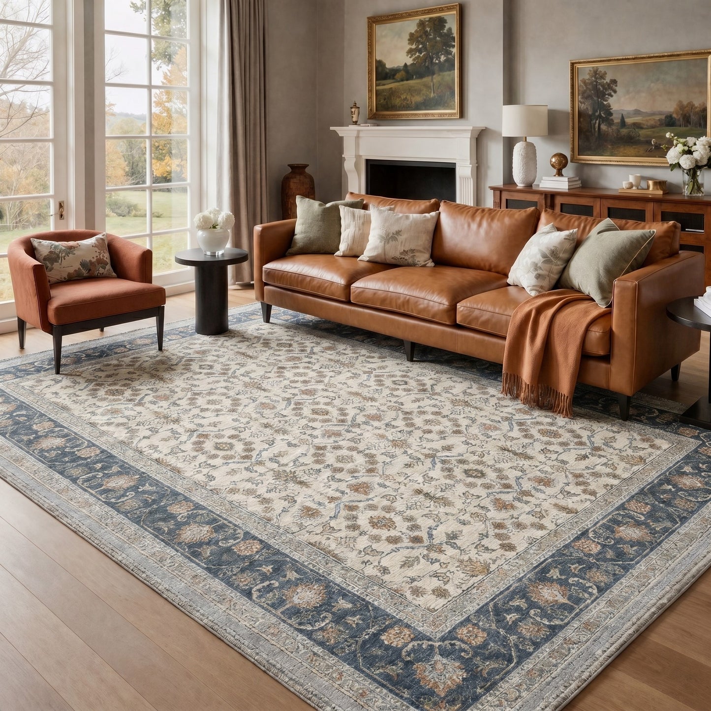 KUETH 8X10 Machine Washable Area Rug, Low Pile Non-Slip Backing Carpet for Living Room and Bedroom, Pet-Friendly Vintage Floral Medallion Rug, Blue