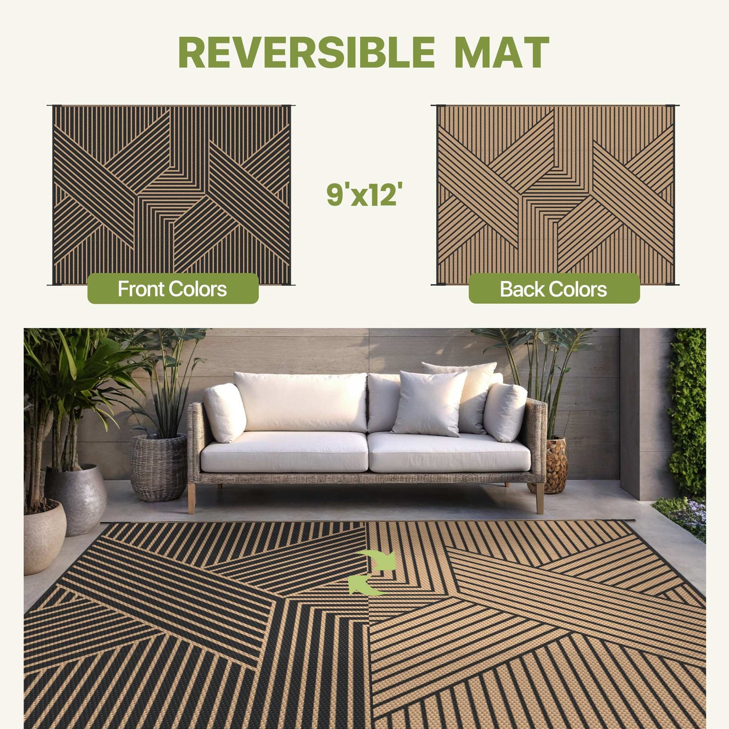 KUETH 9'x 12' Outdoor Rug Plastic Foldable Waterproof Outside Carpet UV Resistant Geometric Patio RV Deck Mat,Black Brown
