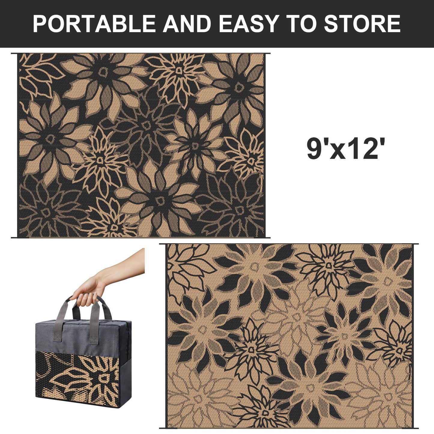 KUETH 9'x12' Outdoor Rug Waterproof Plastic Reversible Floral Patio Camping Outside Carpet,Black Brown