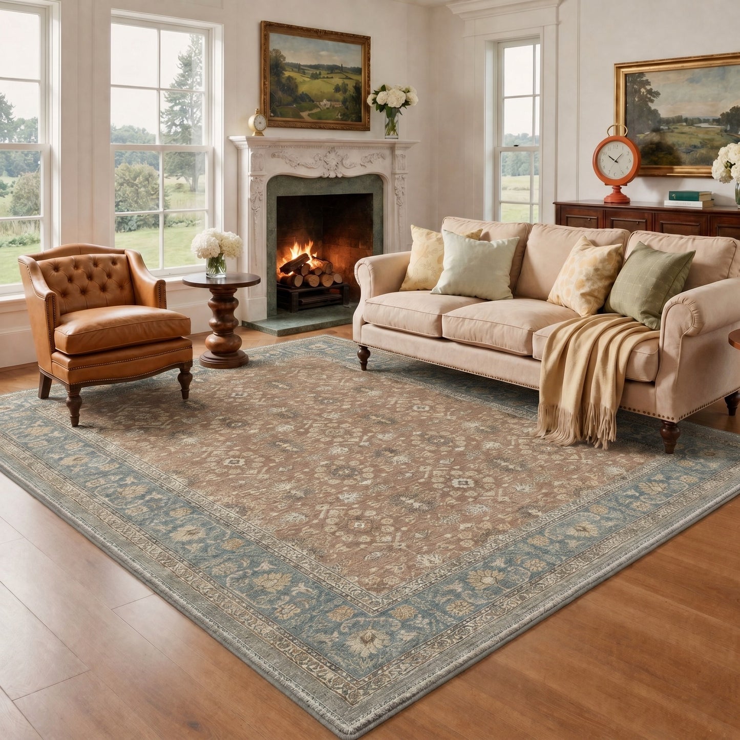 KUETH 8X10 Machine Washable Area Rug, Low Pile Non-Slip Backing Carpet for Living Room and Bedroom, Pet-Friendly Vintage Floral Medallion Rug, Red Fish