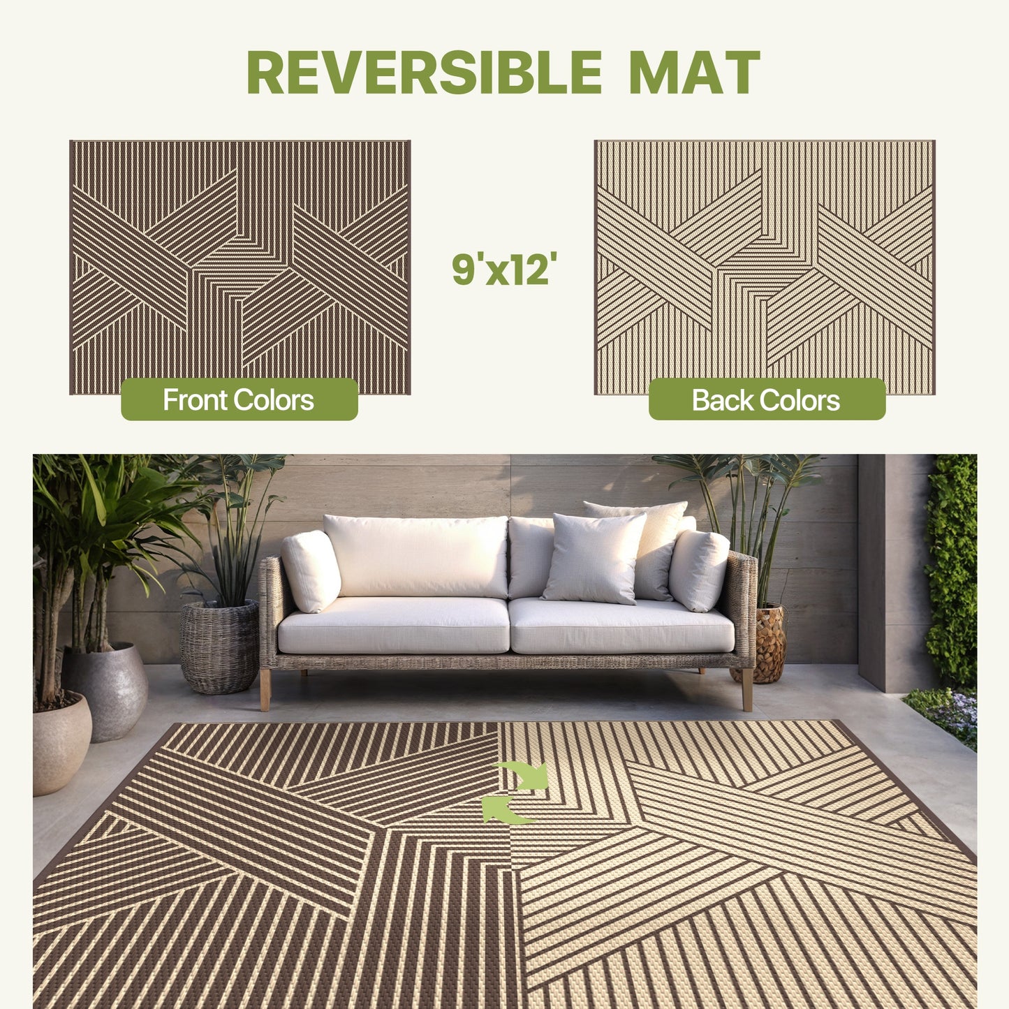 KUETH 9'x 12' Outdoor Rug Plastic Foldable Waterproof Outside Carpet UV Resistant Geometric Patio RV Deck Mat,COFFEE BEIGE