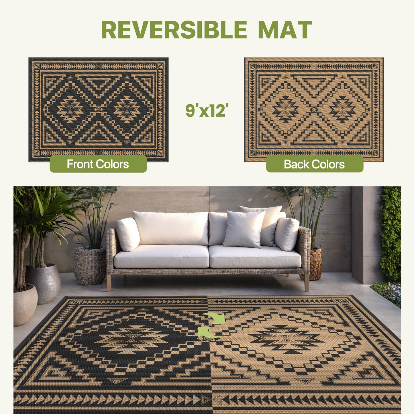 KUETH 9' x 12' Outdoor Rug Waterproof for Patio Carpet Plastic Reversible Straw Outdoor Rug for Camping Picnic Geometric Mat ,Black & Brown
