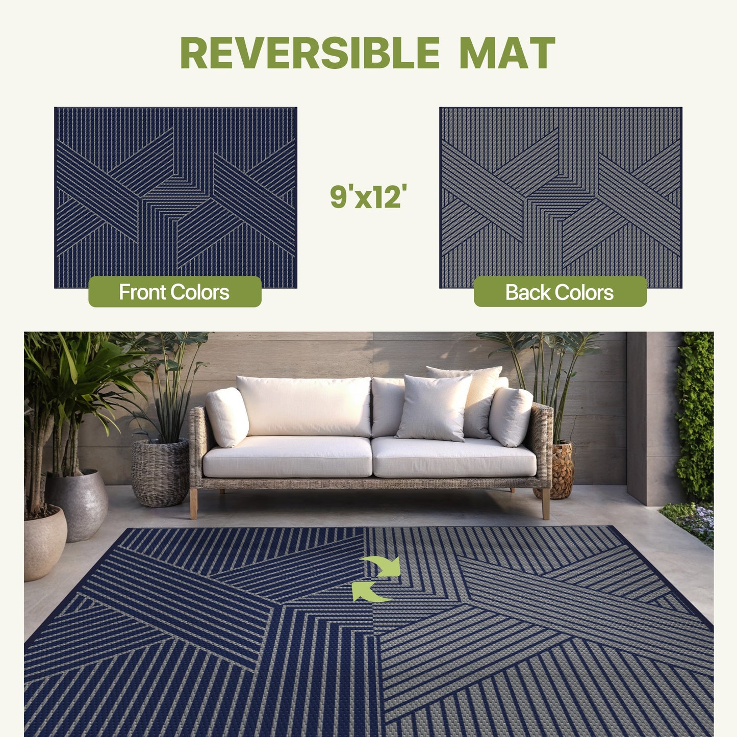 KUETH 9'x 12' Outdoor Rug Plastic Foldable Waterproof Outside Carpet UV Resistant Geometric Patio RV Deck Mat,BLUE GREY
