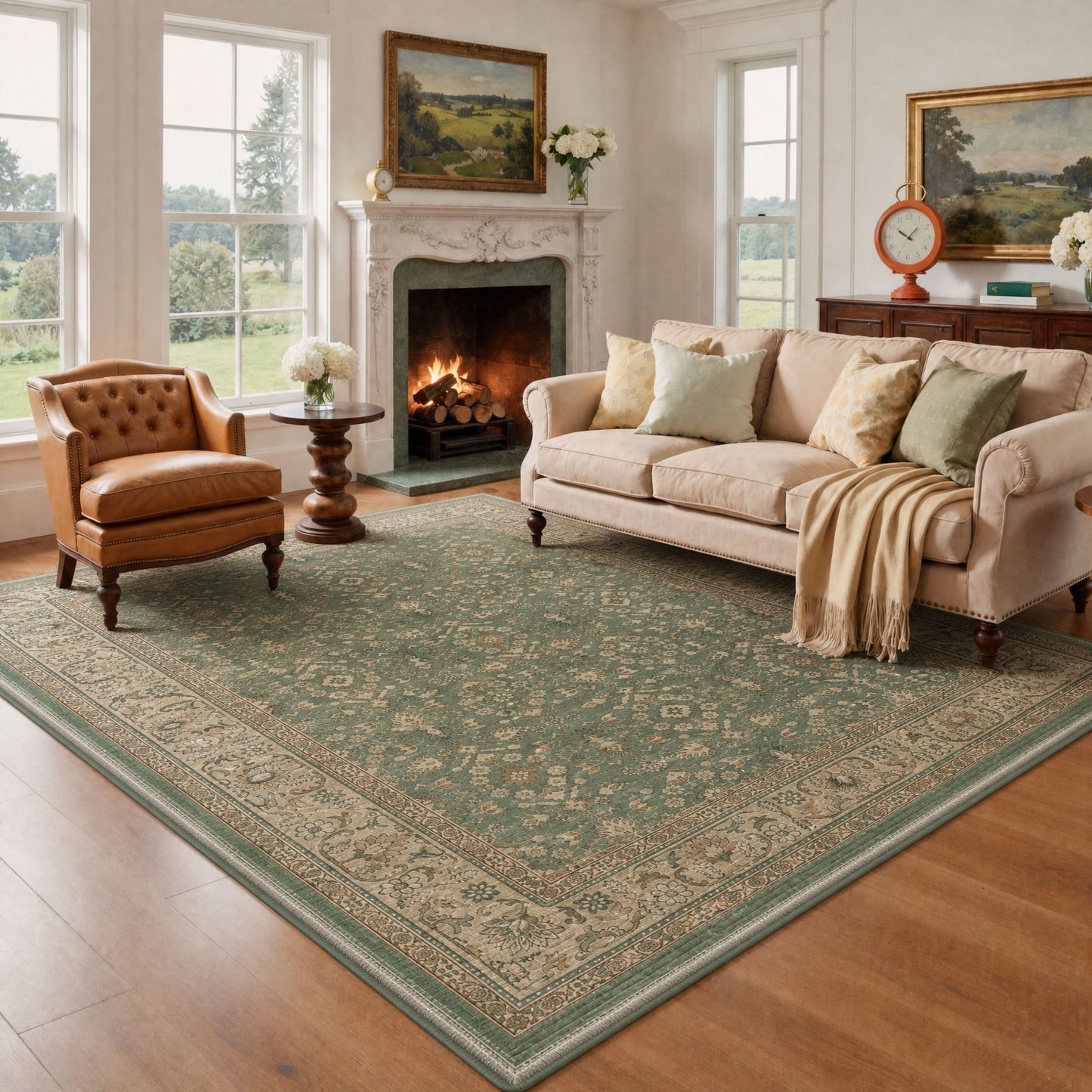 KUETH 8X10 Machine Washable Area Rug, Low Pile Non-Slip Backing Carpet for Living Room and Bedroom, Pet-Friendly Vintage Floral Medallion Rug, Green