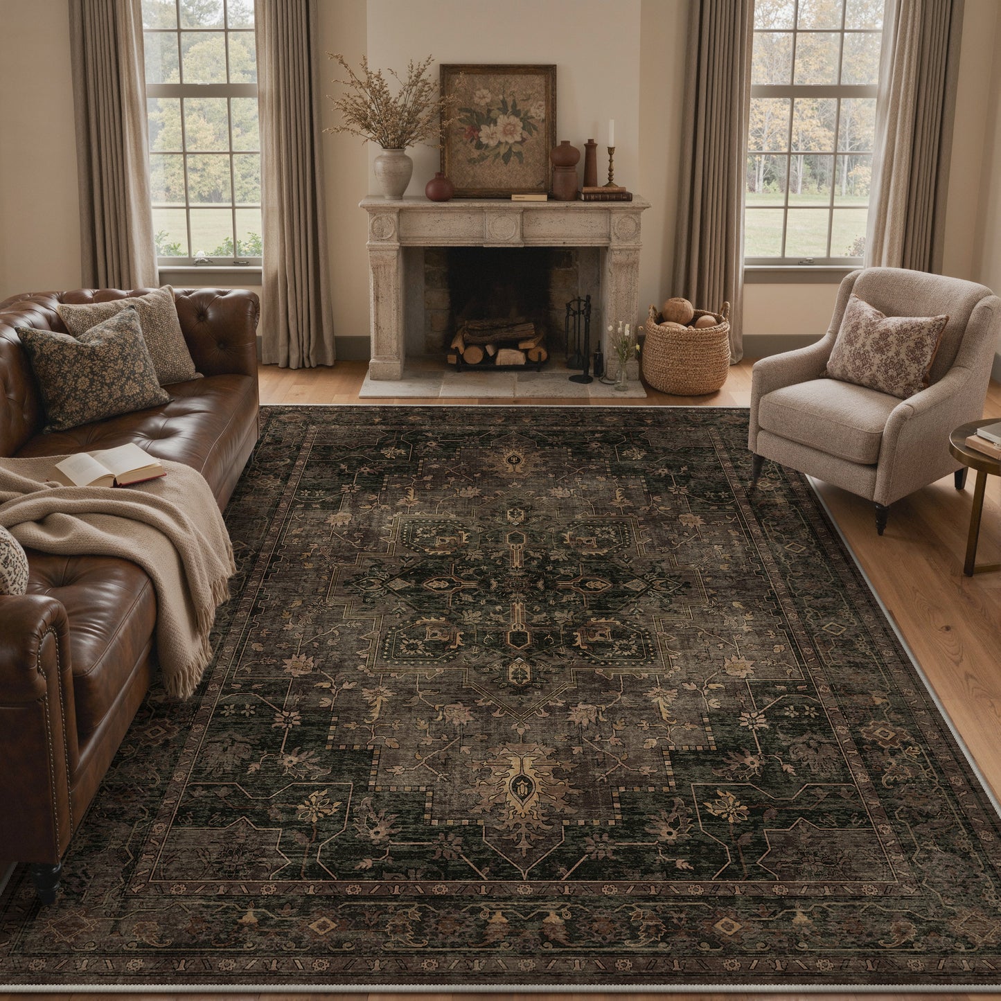 KUETH Modern 8x10 Area Rugs for Living Room, Non Slip Machine Washable Retro Rugs, Low Pile Chenille Print Rug for Bedroom, Dining Room, Home Office, Charcoal Brown