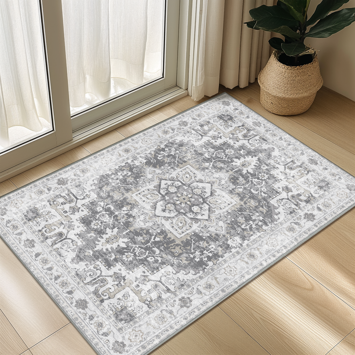 KUETH Area Rugs for Living Room, Non-Slip Machine Washable Vintage Retro Rug, Low Pile Chenille Print Rug for Bedroom Dining Room Home Office