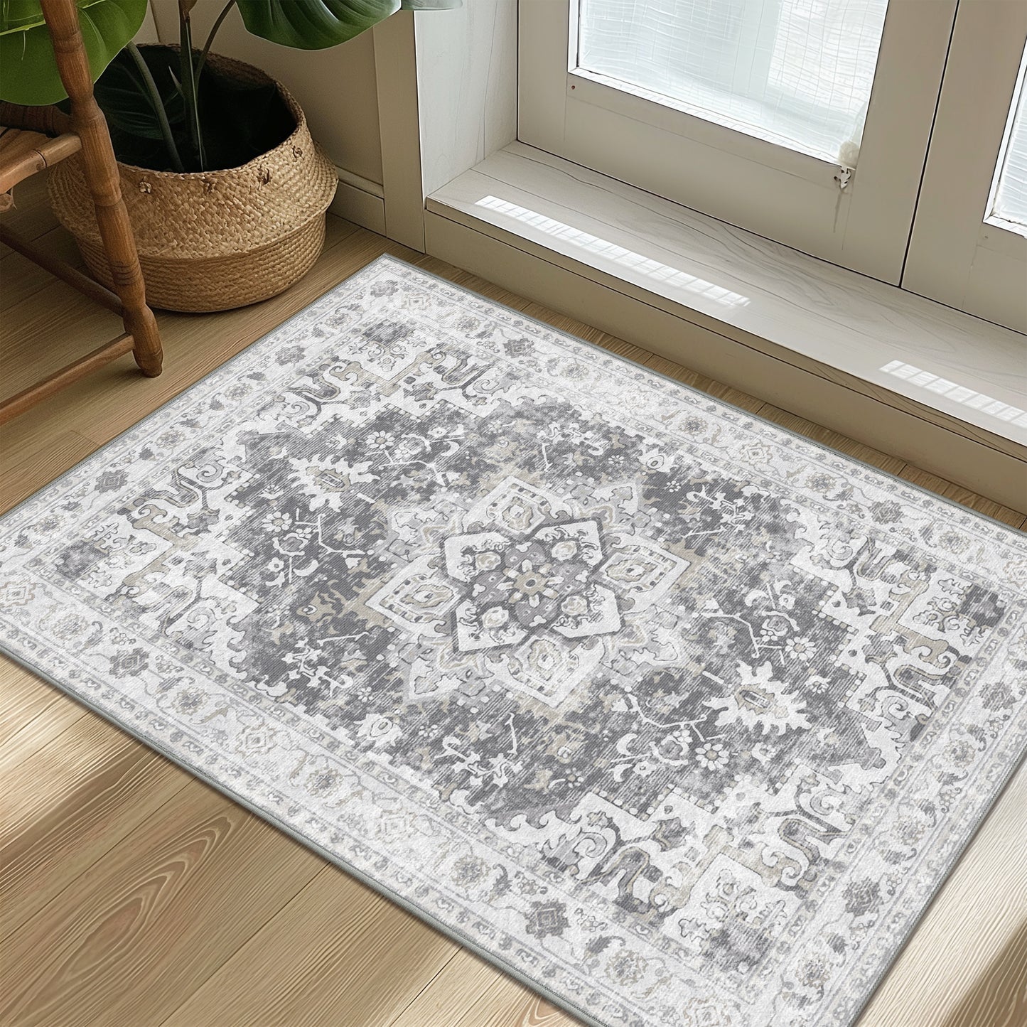 KUETH Area Rugs for Living Room, Non-Slip Machine Washable Vintage Retro Rug, Low Pile Chenille Print Rug for Bedroom Dining Room Home Office