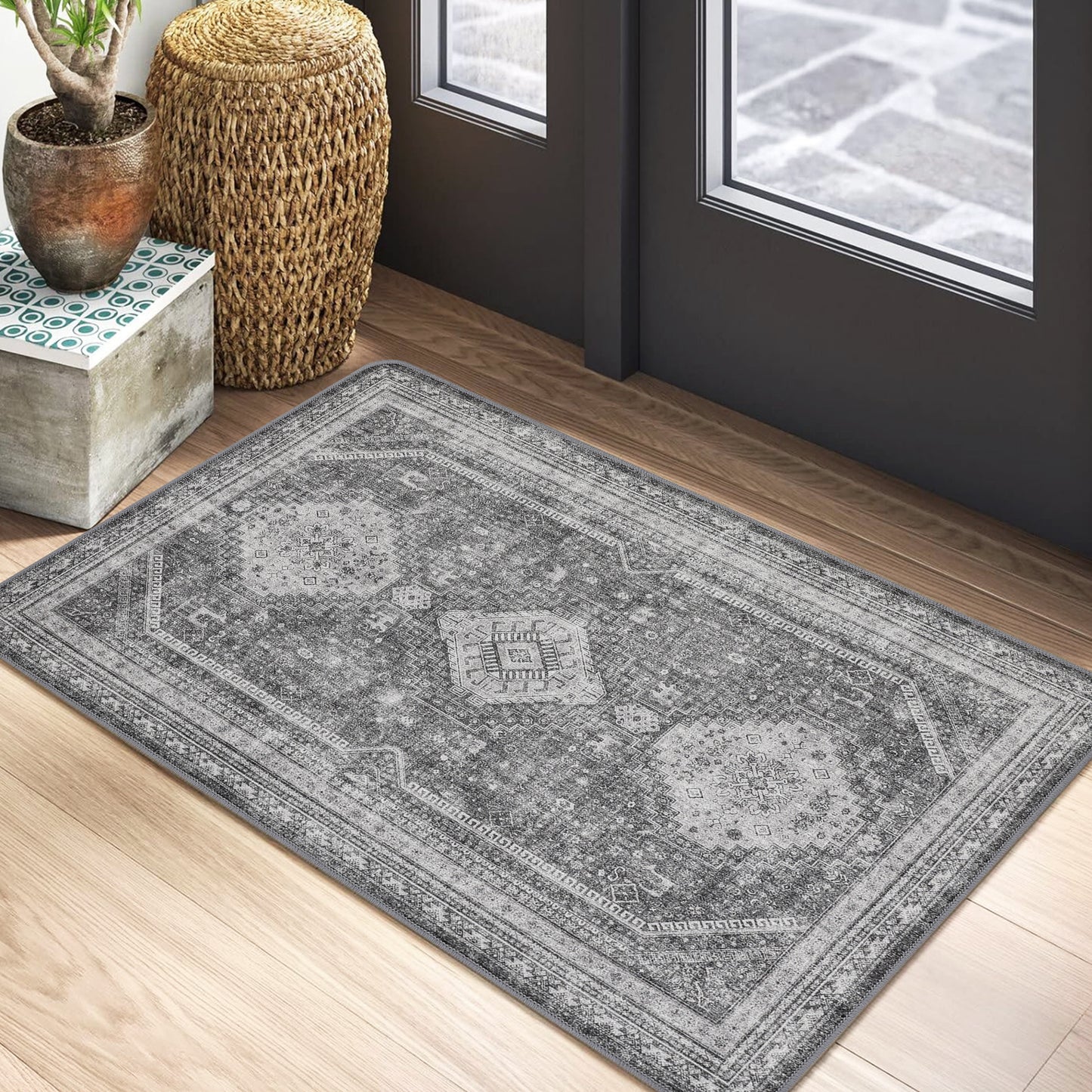 KUETH Area Rug Living Room Clearance, Non Slip Indoor Vogue Area Rugs, Low Pile Chenille Large Print Mat for Bedroom Dining Room Home Office and Hall, Gray