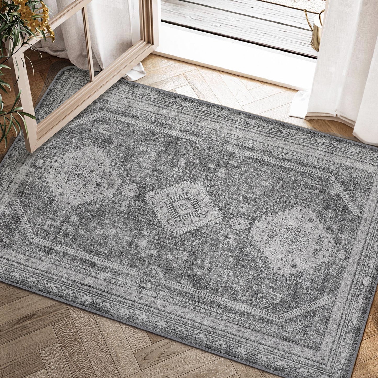 KUETH Area Rug Living Room Clearance, Non Slip Indoor Vogue Area Rugs, Low Pile Chenille Large Print Mat for Bedroom Dining Room Home Office and Hall, Gray