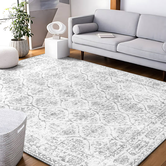 KUETH Area Rugs for Living Room Bedroom, Machine Washable Stain Resistant Non-Shed Carpet, Print Vintage Floral Floor Cover, Low Pile Mat with Non Slip Backing, Distressed Cream/Gray