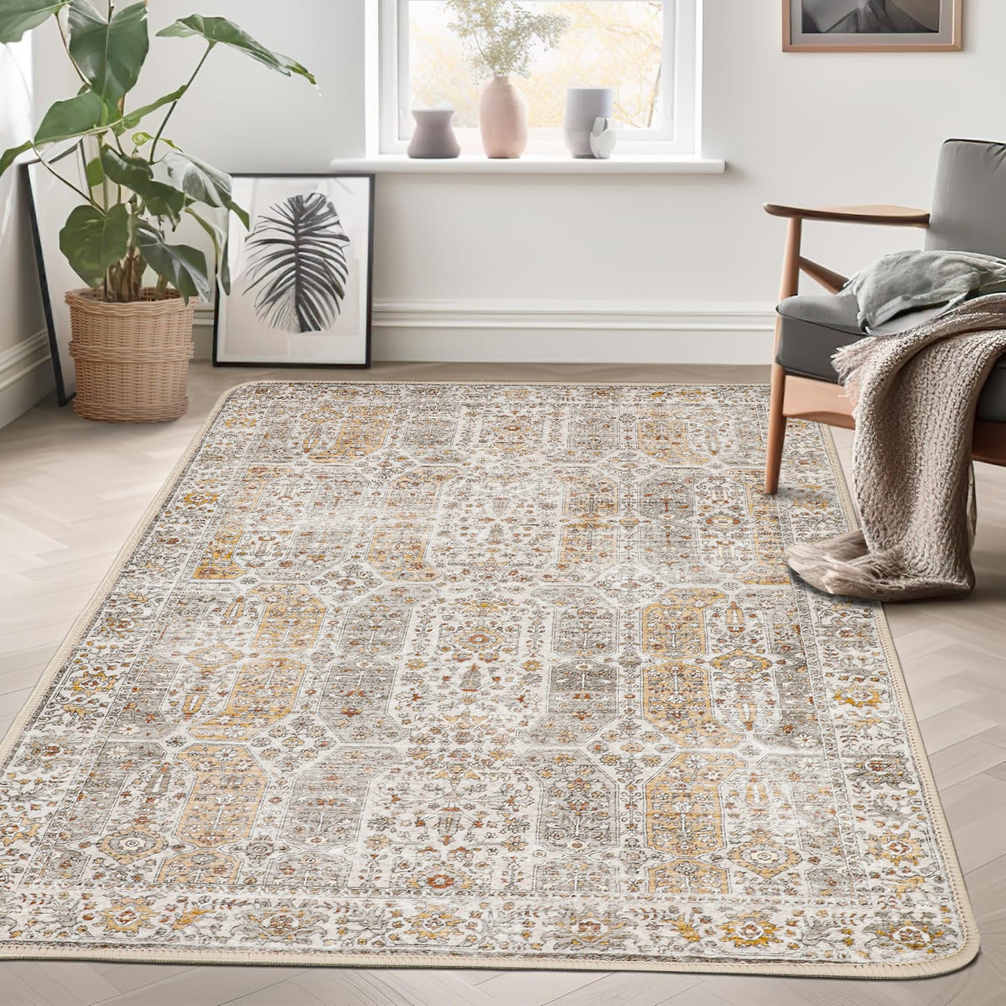 KUETH Area Rugs for Living Room Bedroom, Machine Washable Stain Resistant Non-Shed Carpet,, Low Pile Mat with Non Slip Backing